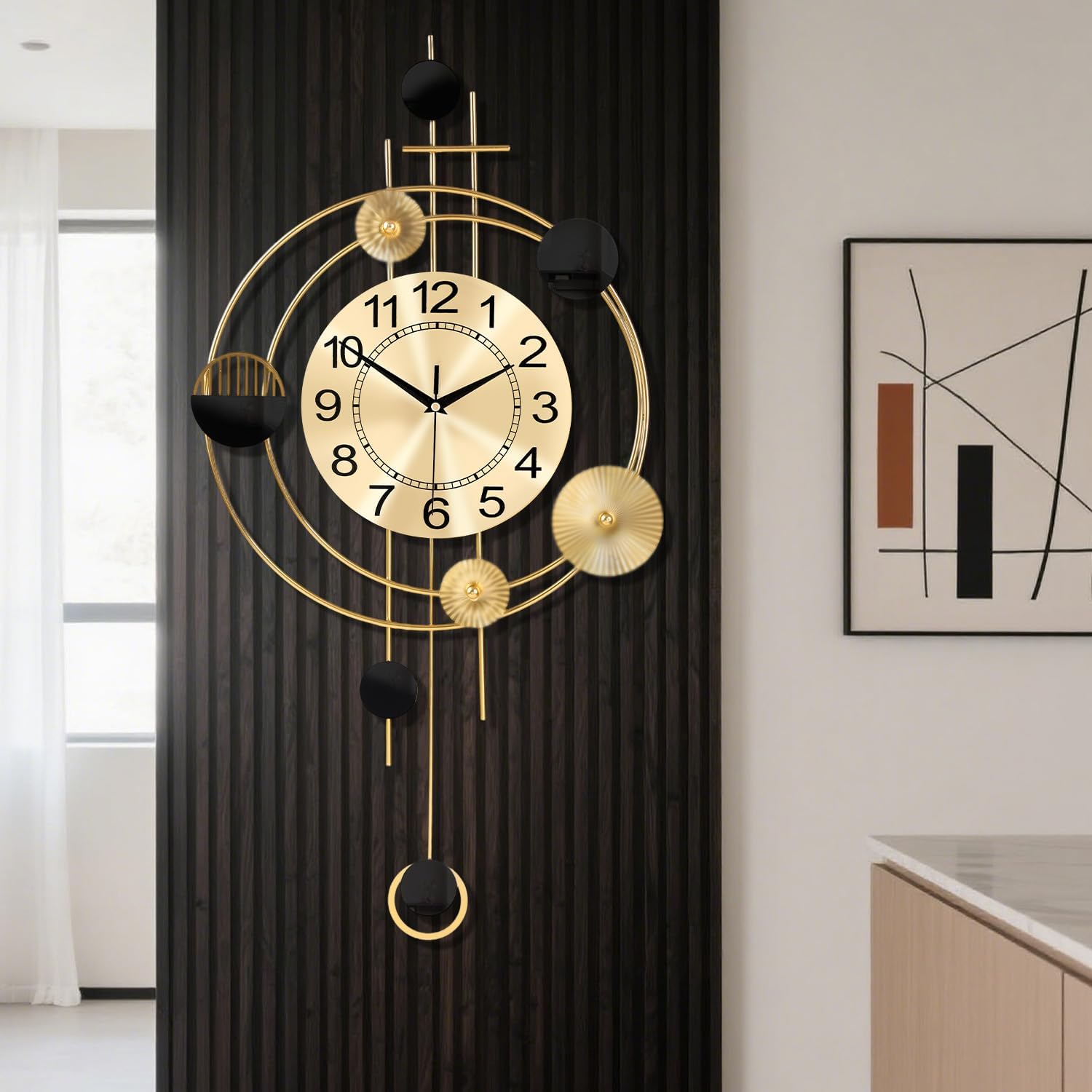 Wall Clock with Pendulum, Silent Quality Quartz Battery Operated, Round Analog Large Wall Clock for Living Room Kitchen Bathroom Bedroom Wall Home Decor, 15.4x28inch, Golden