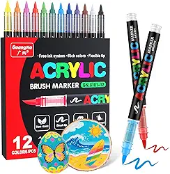 Guangna Marcadores de tinta acrílica, ponta de pincel, 12 cores vivas com sistema de tinta líquida direta, caneta de tinta profissional para pintura rupestre, tela, vidro, plástico, kit de decoração
