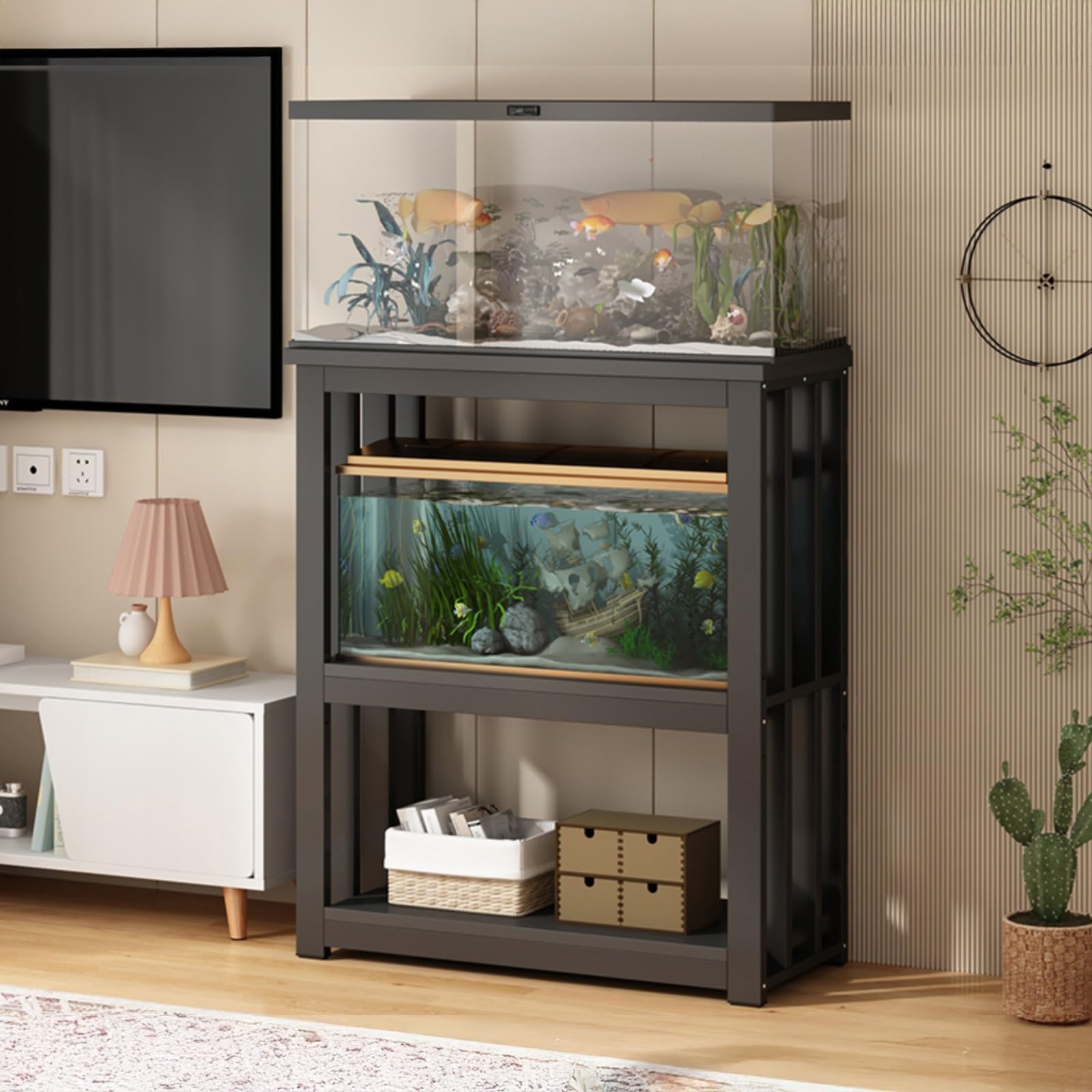 Soporte para acuario negro ajustable de 60x30 cm con estantes