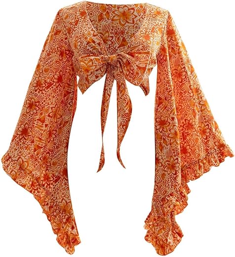 BEAUDRM Women's Boho Tops Wrap Western Country Concert 70s Outfits Tie Front Long Bell Sleeve Tops Hippie Disco Clothes