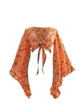 Women's Going Out Tops Western Country Concert Outfits Tie Front Boho Tops Long Bell Sleeve 70s Hippie Disco Clothes