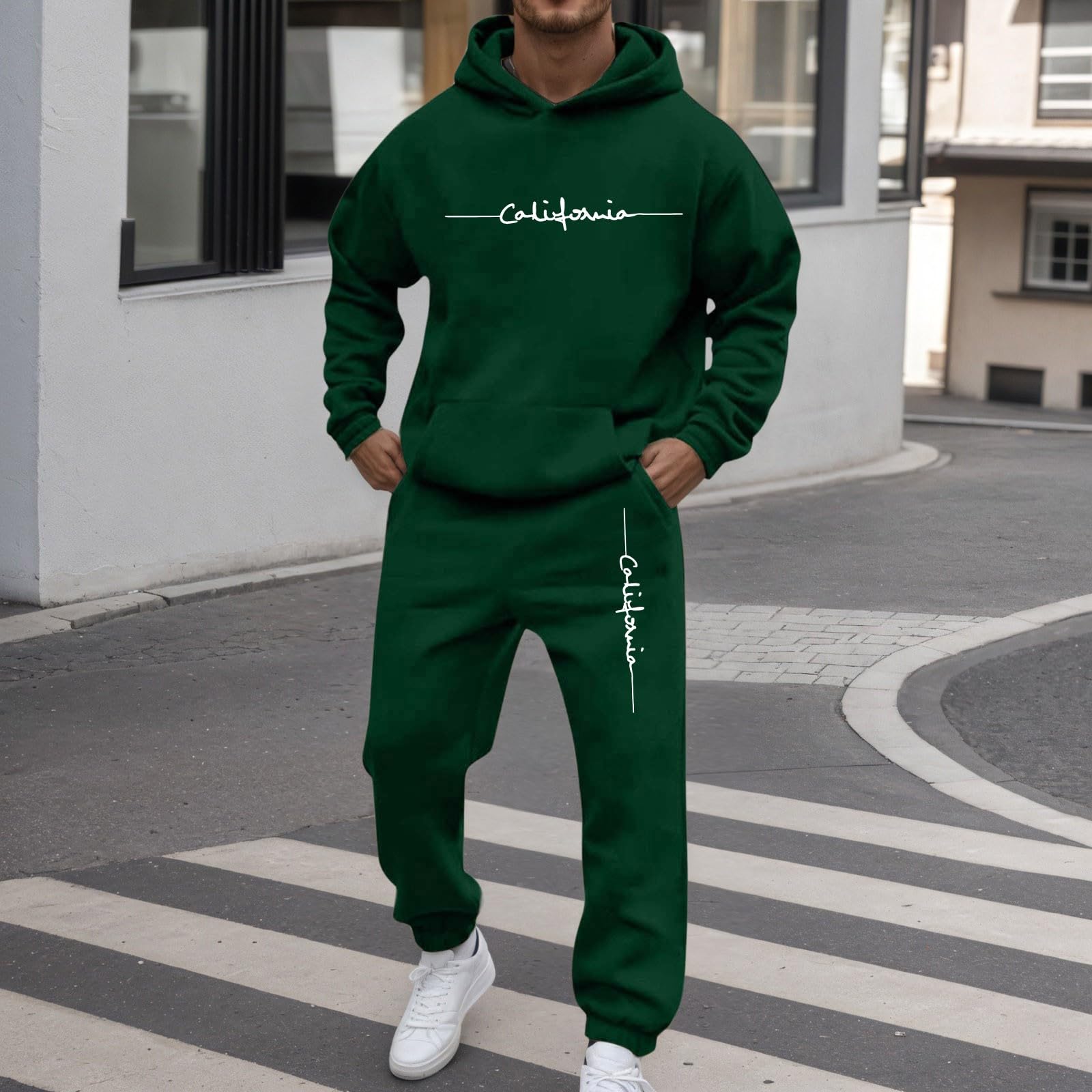 Générique Męski zestaw do joggingu 2 sztuki bluza z pończochami do joggingu jesienny miękki strój sportowy okrągły dekolt kieszenie ciepły oddychający wygodny lekki trening A146