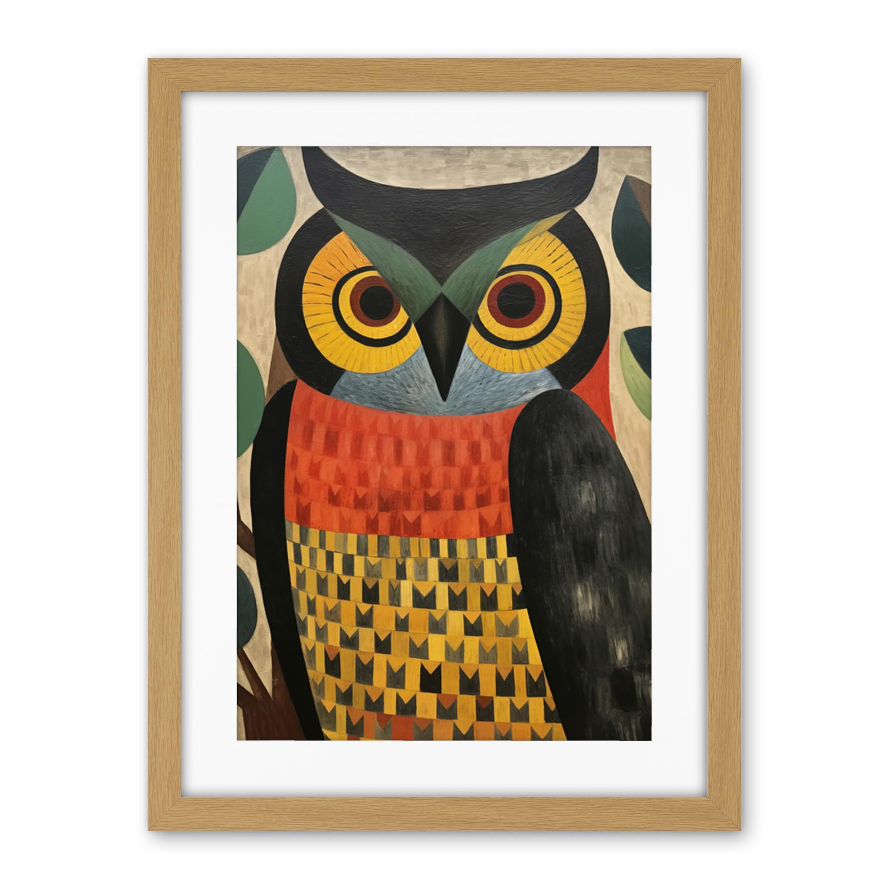 Artery8 Folk Art Geometric Owl Boho Colours Yellow Coral Green Bold but Subtle Artwork Framed Wall Art Print 18X24 Inch