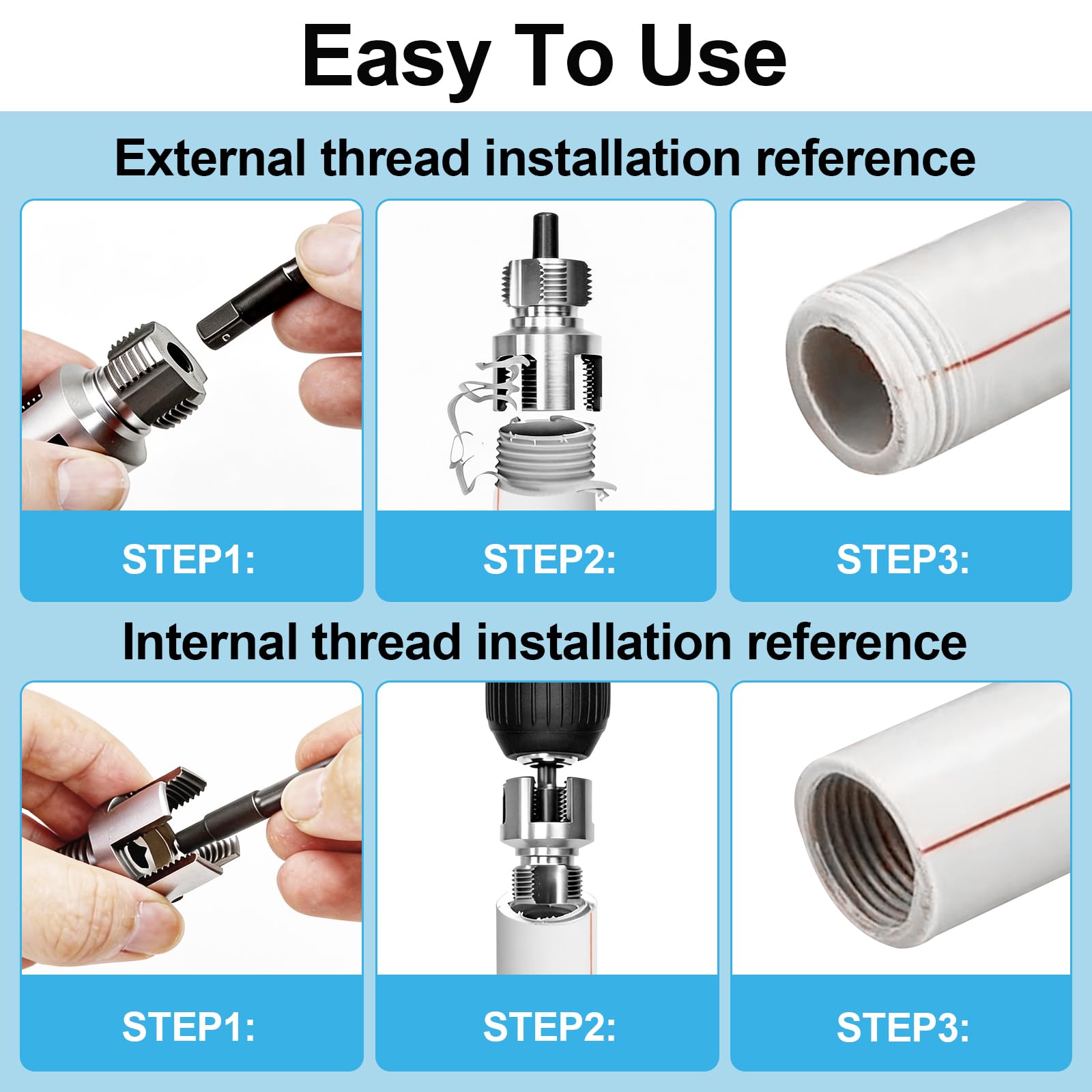 PVC Pipe Threader Tool Kit - 3 Sizes, Drill Compatible -6