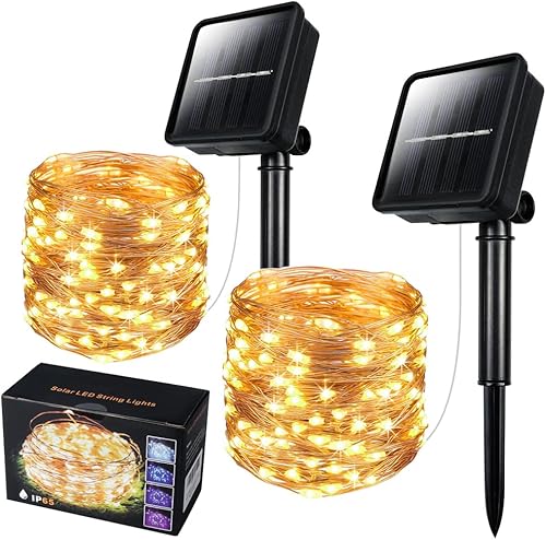 Paquete de 2 tiras de luces solares para exteriores, 78 pies, 240 LED de alambre de cobre impermeable al aire libre, 8 modos de luces de hadas para