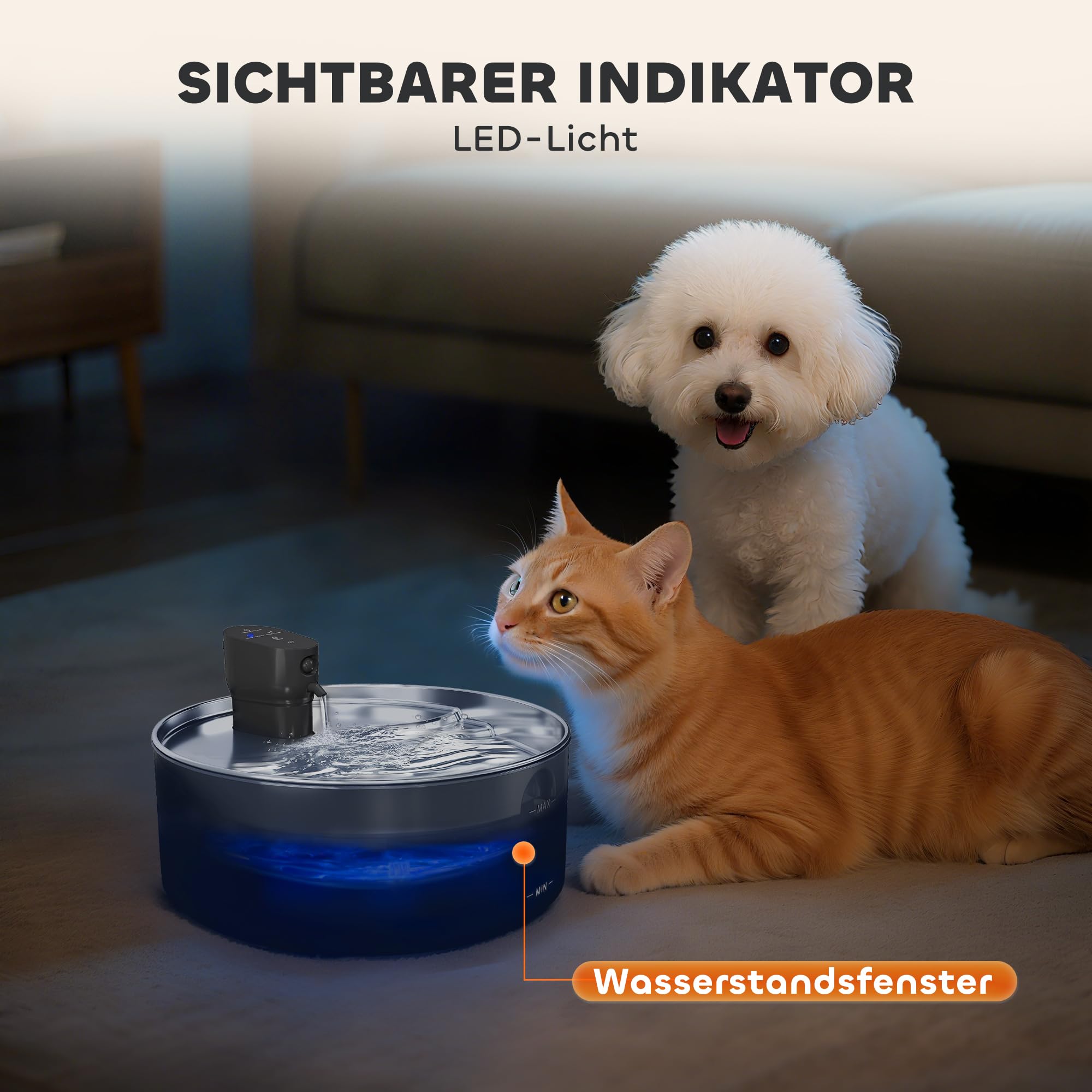 PawHut Fontanella per gatti 7L acciaio inox LED Nero | Pompa silenziosa, finestra livello acqua, filtro carbone attivo, sensore movimento, sistema filtrazione, a batteria cani