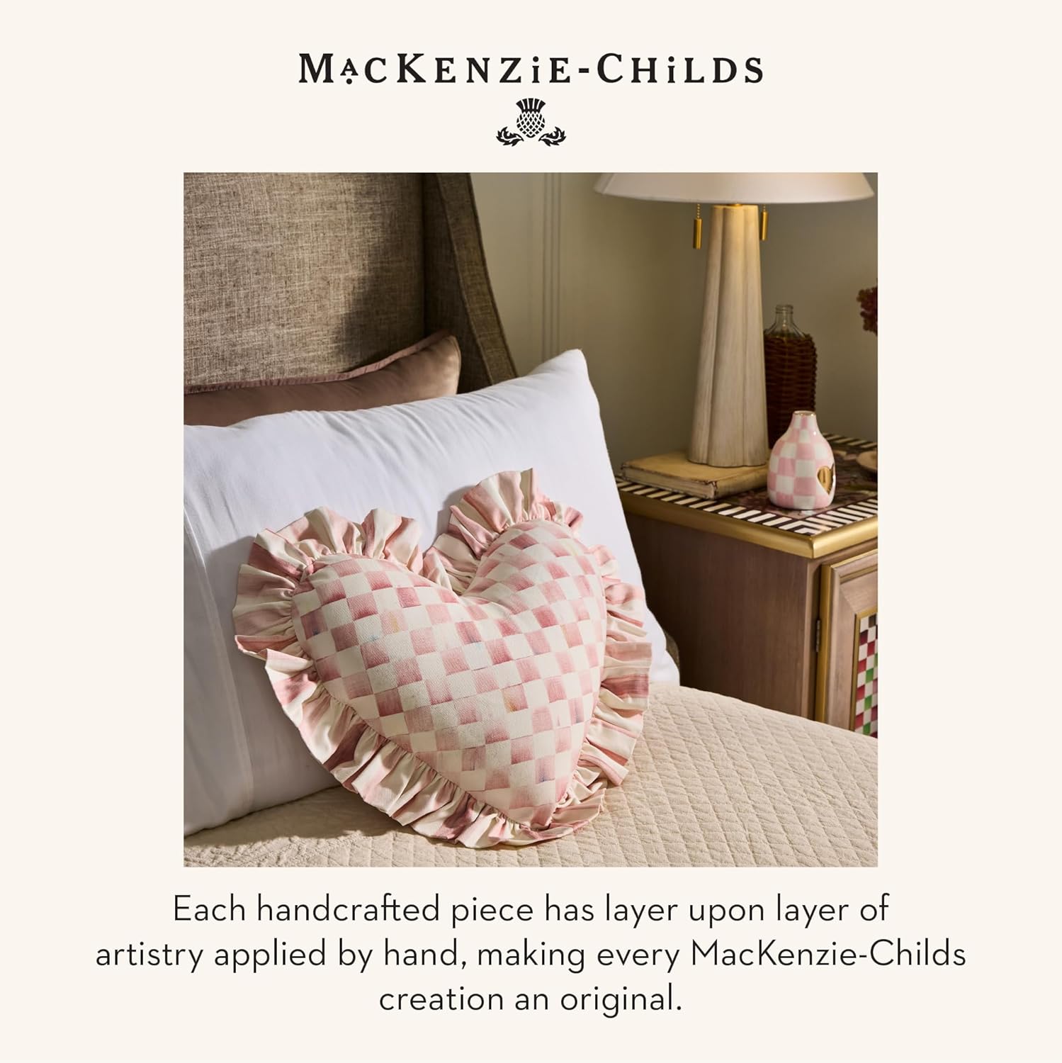MACKENZIE-CHILDS Ceramic Heart Vase, Unique Flower-Vase Decor, Bud, Pink-and-White Rosy Check