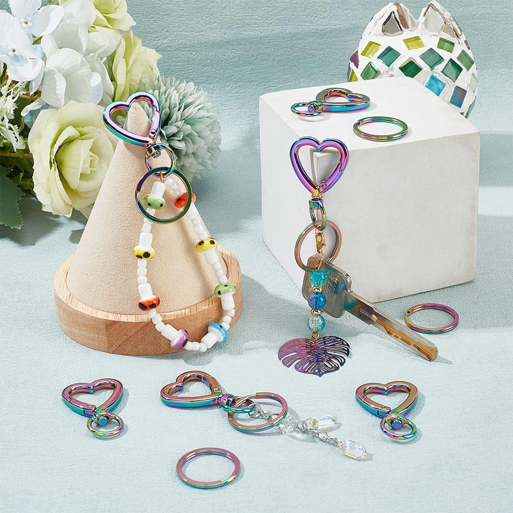 PH PandaHall 20pcs Heart Keychain Clip, 10pcs 1 Inch 304 Stainless Steel Round Split Key Rings 10pcs Metal Trigger Snap Hooks Iridescence Lanyard Keychains Hook for Keychain Lanyard Bag Mother's Day - Image 2