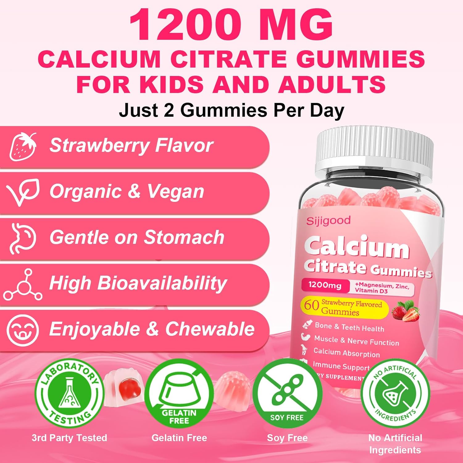 2 Pack Calcium Citrate Gummies, Calcium Supplements for Women & Men, High Absorption Calcium Gummies with Vitamin D3, Magnesium & Zinc for Muscle, Bone & Immune Support, Strawberry Flavor