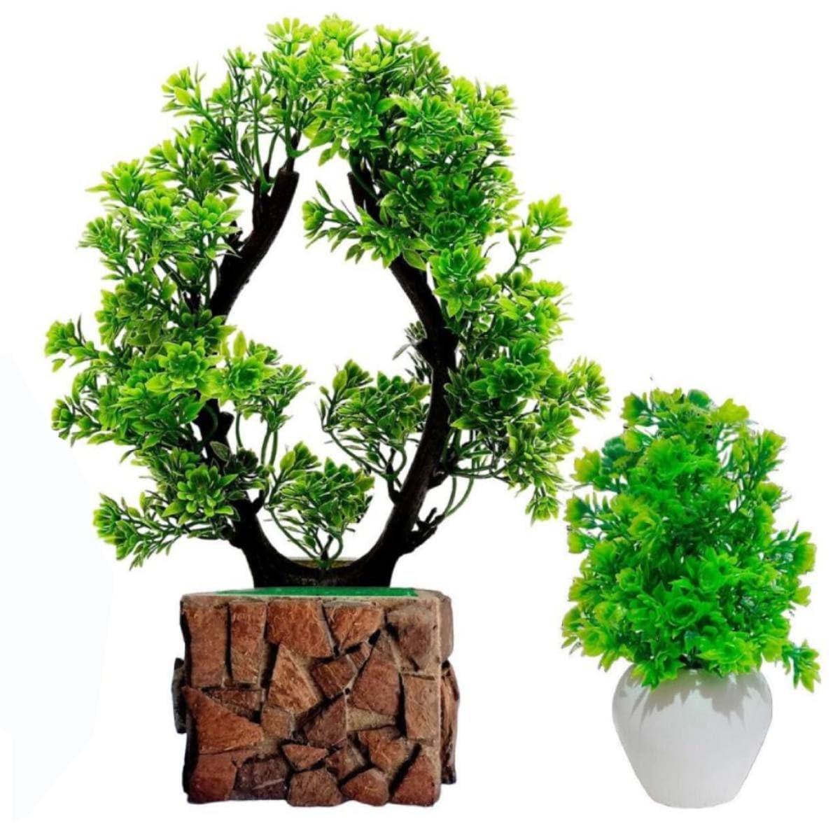 (Set of 2) Artificial Bonsai Tree 26 cm for Home Decoration Realistic Looks with 1 Small Green Flowers pots 19 cm for Livingroom Bedroom Office Table Kitchen Indoor & Outdoor Balcony