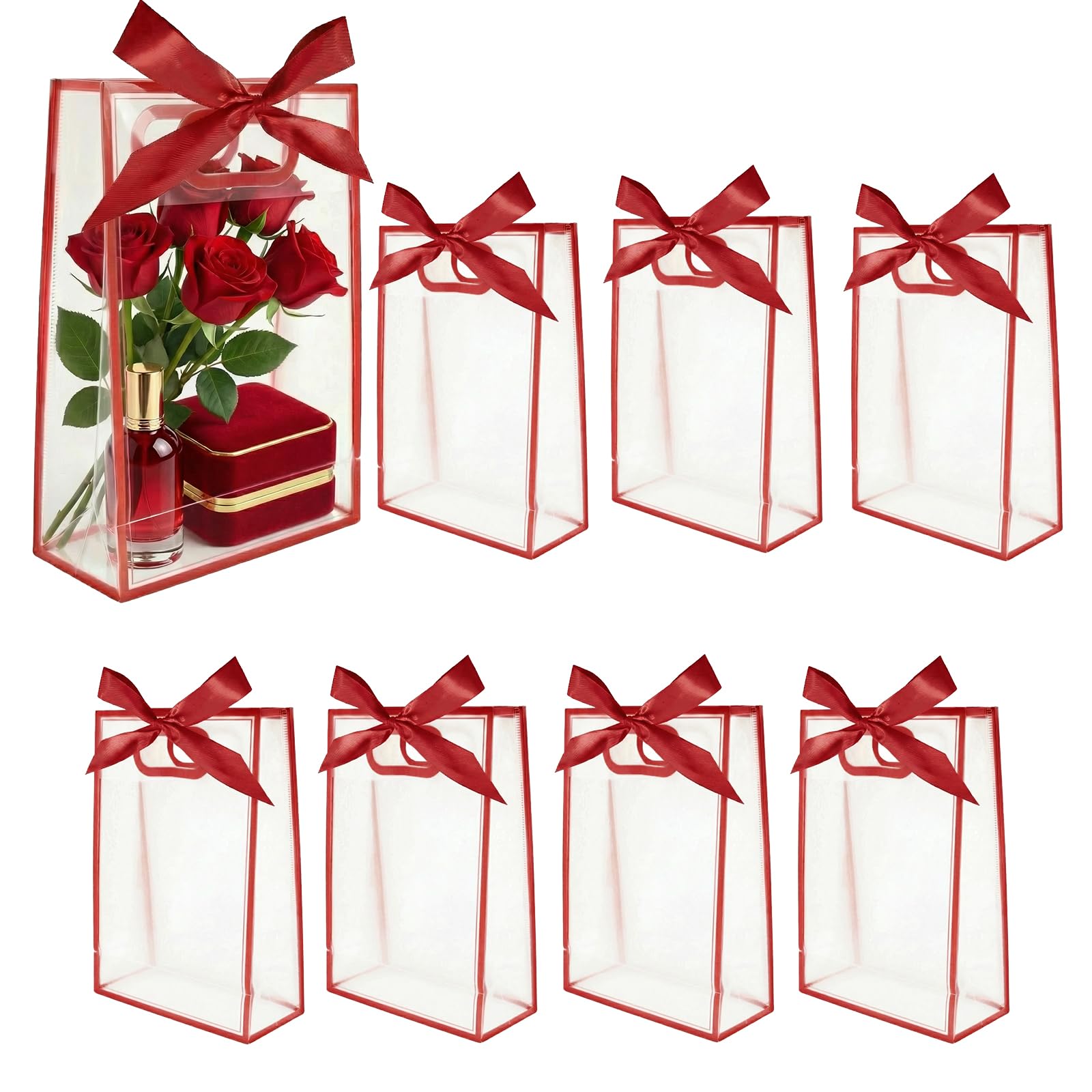 JEKUGOT 8 Pcs Girls Party Bags with Handle, PVC Clear Gift Bags with Ribbon Bow, Clear Red Gift Bag for Baby Shower, Birthday Party, Wedding Bridal, Valentine's Day