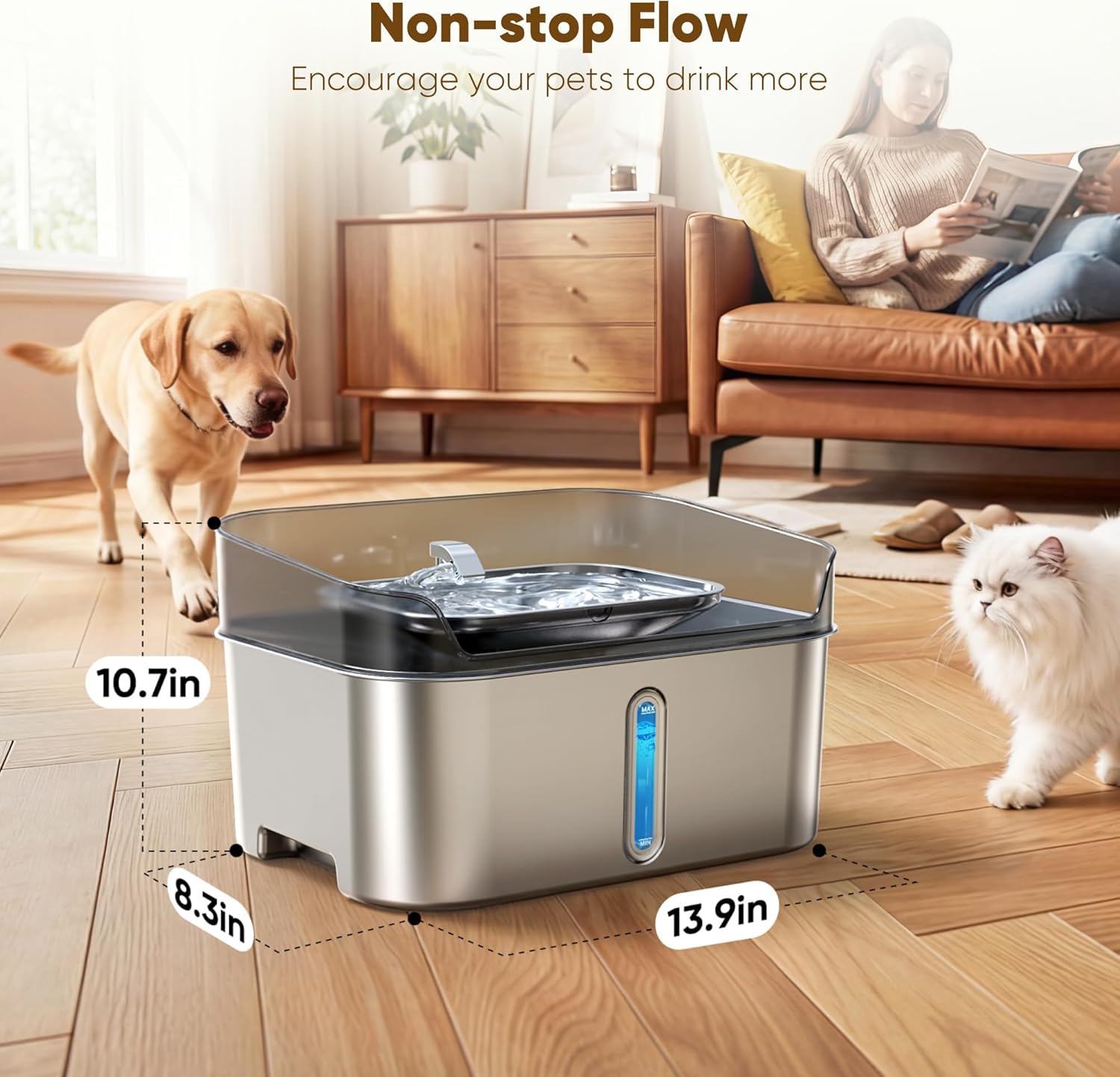 Fontana d'acqua per cani in acciaio inossidabile senza scarico per cani grandi, fontana d'acqua per animali da compagnia ultra calma 8L / 2.1Gal per gatti cani all'interno, distributore automatico