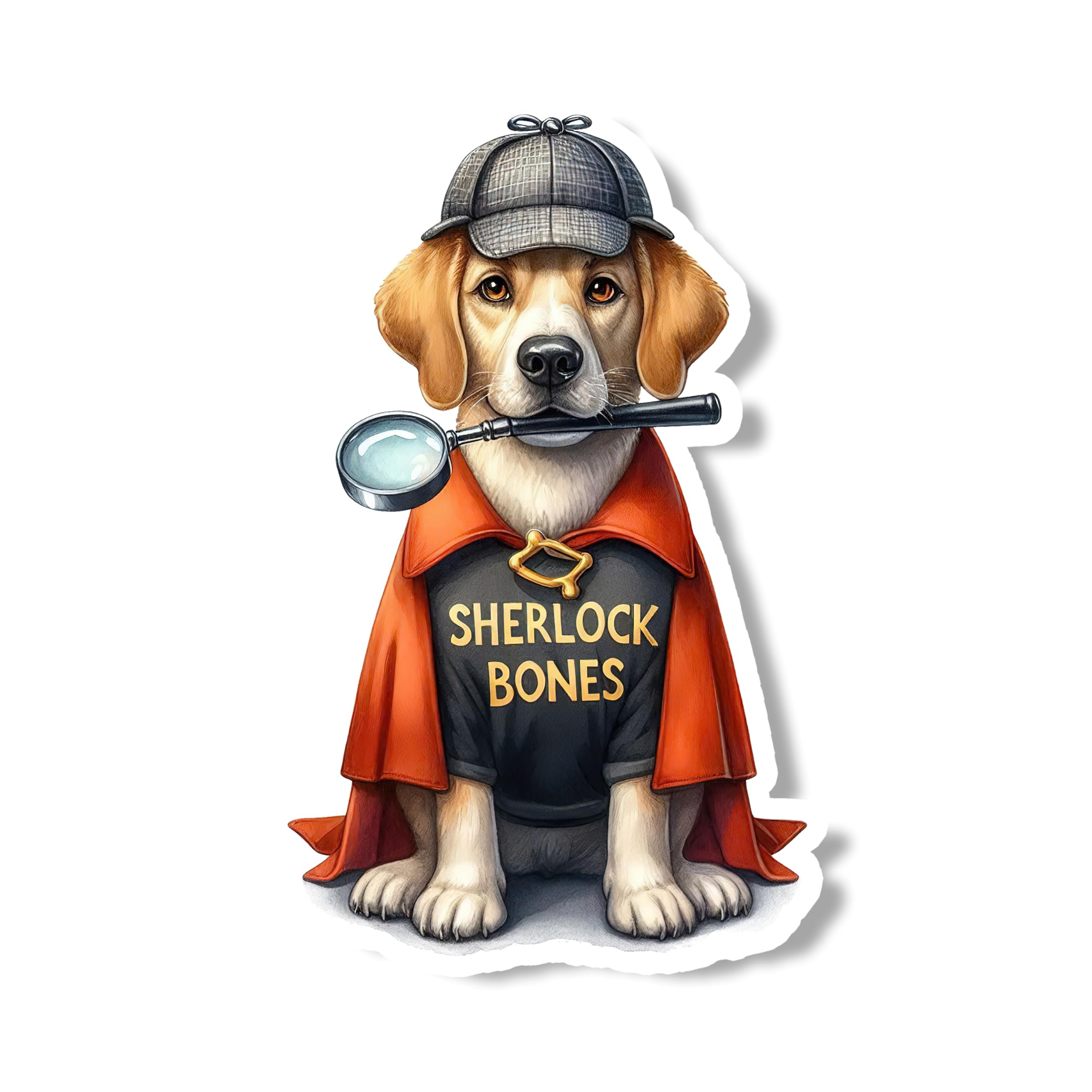 Sherlock Bones Holmes Dog with Cloack and Magnifying Glass Waterproof Vinyl Sticker, Multicolor Decal for Laptop, Water Bottle, Scrapbooking Graphic,