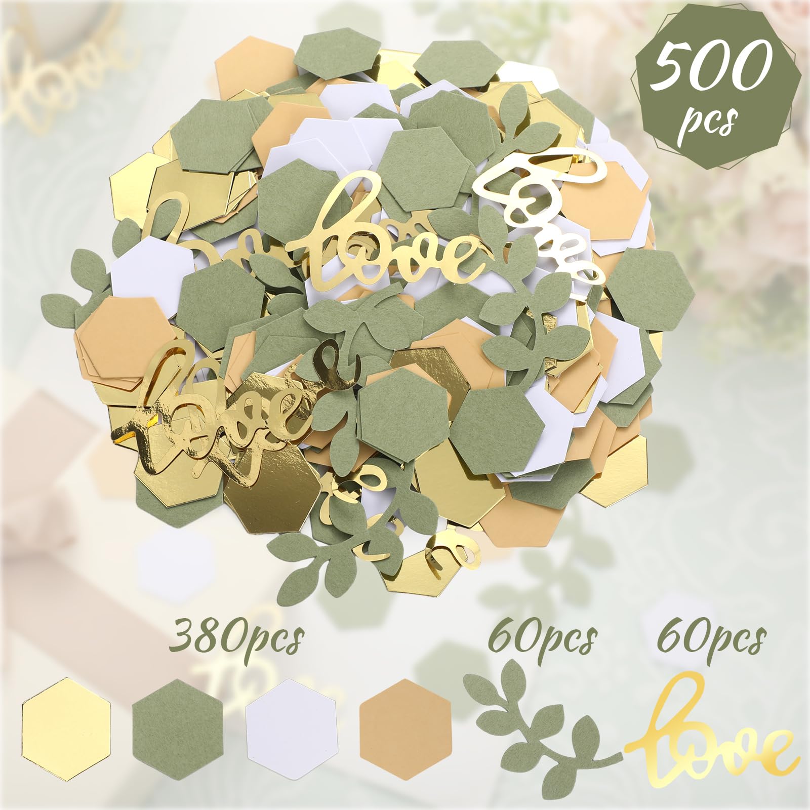 Tischkonfetti Für Hochzeiten & Partys – 500 Stück, Boho Design In Salbeigrün, Gold, Weiß, Naturthema