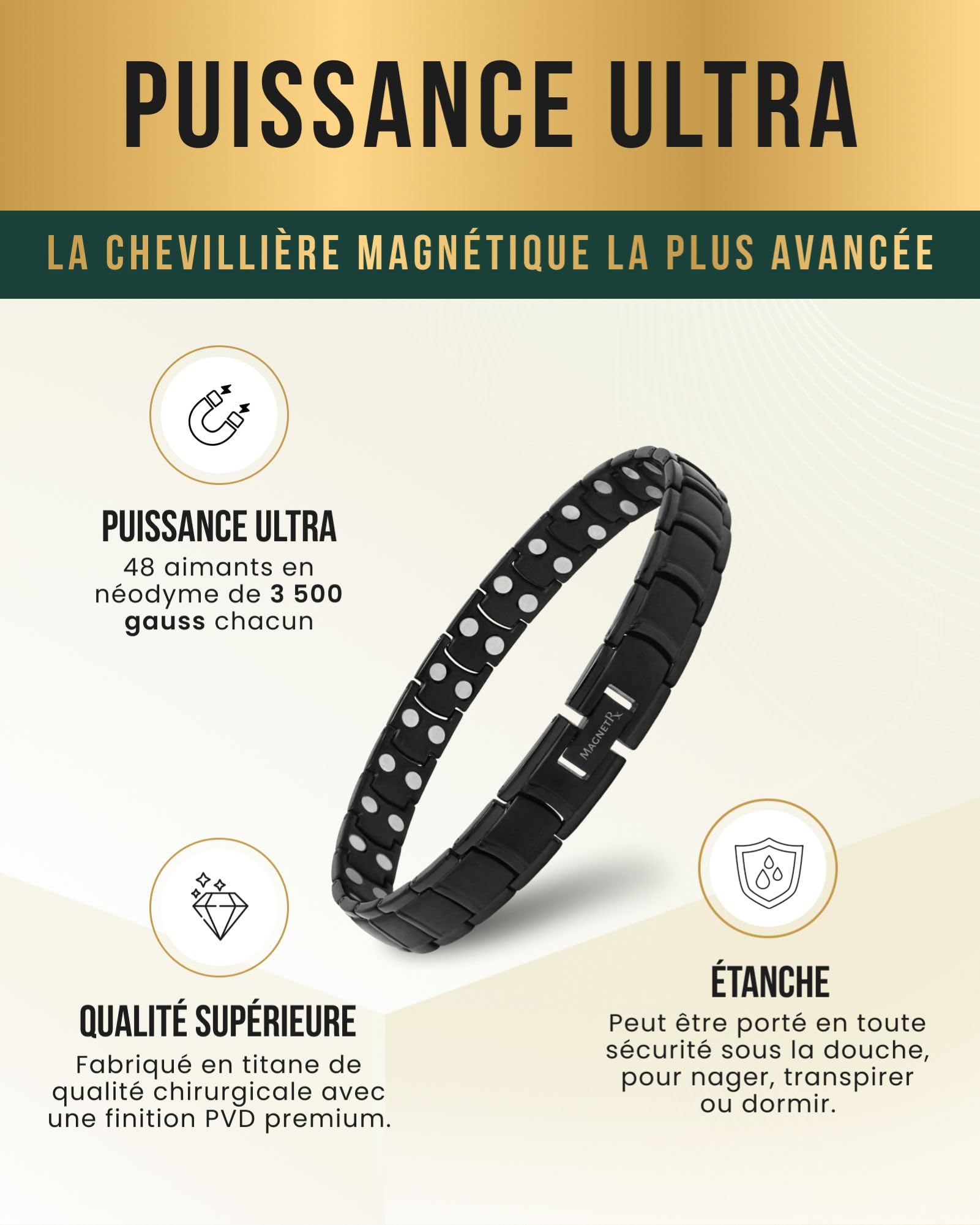 MagnetRX® Bracelet De Cheville Pour Homme - 48 Aimants Puissants (168000 GAUSS) Bijou Aimanté En Titane Ultra-Résistant - Réglable Avec Outil De Dimensionnement (Noir)
