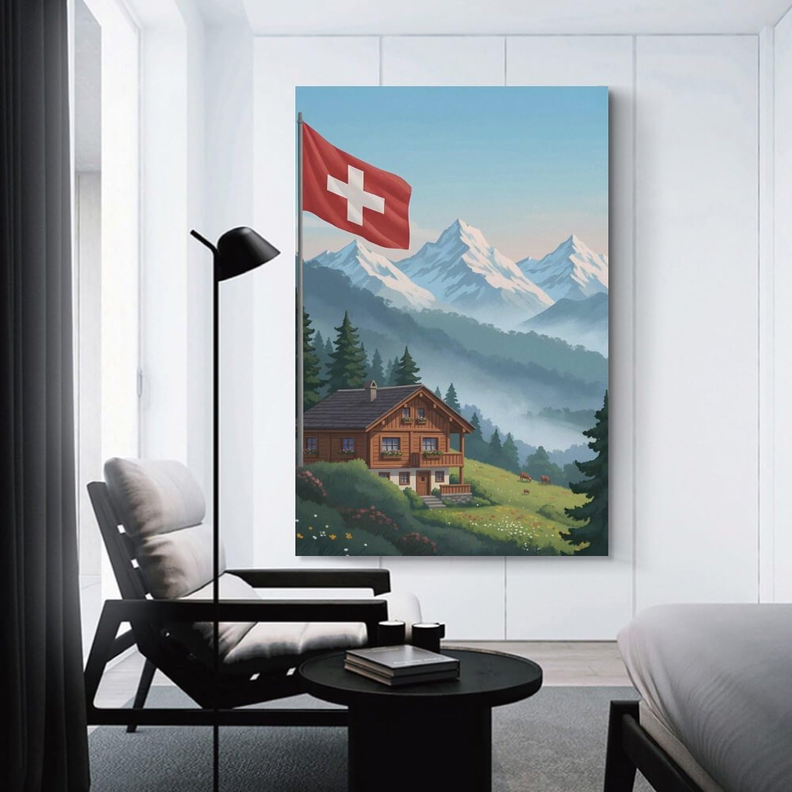 Junmoney Canvas Art Print Swiss Chalet with Flag And Mountains, 08x12inch(20x30cm), for New Homes, Bedrooms Or Workspaces, Thoughtful Wall Decor for Art Lovers