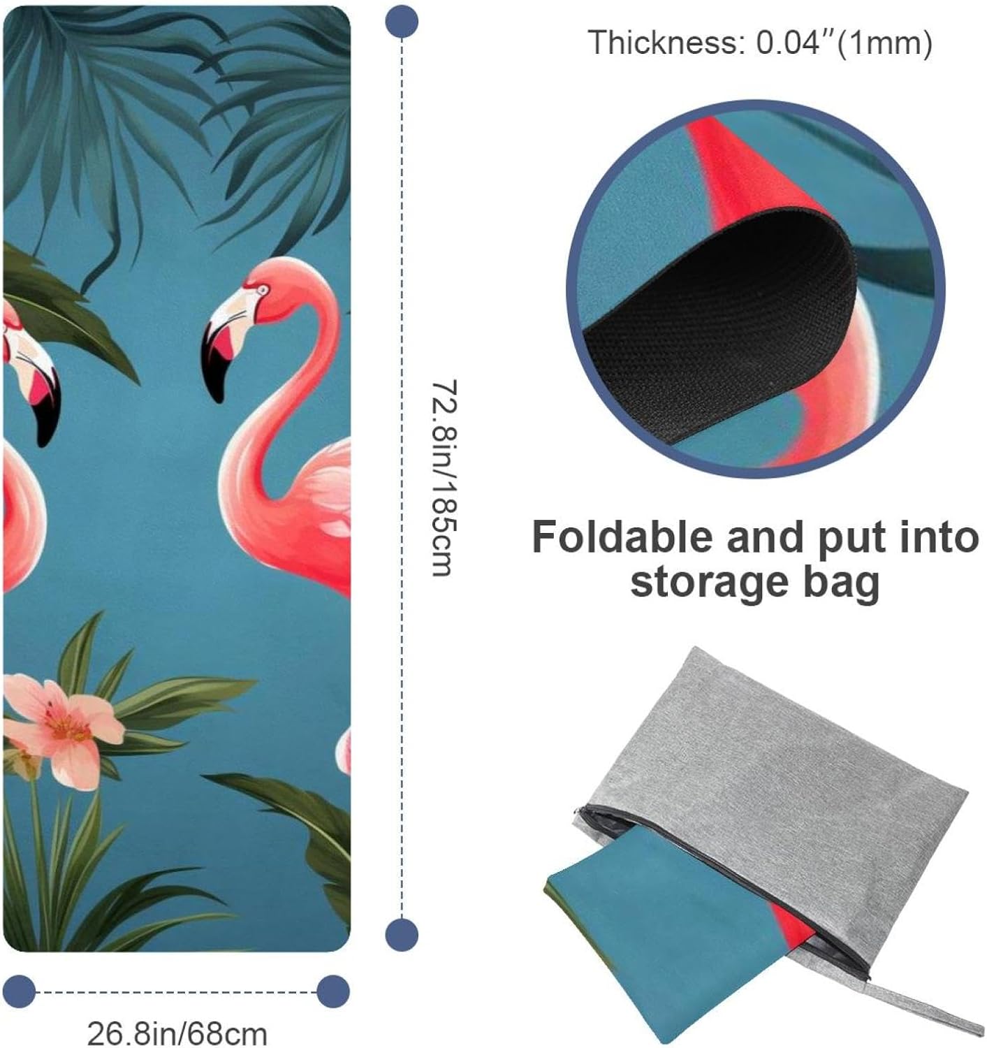 Yoga Towel, Tropical Flamingo Pattern Non Slip Sweat Absorbent Hot Yoga Mat Towel for Hot Yoga, Pilates and Fitness - 72.8" x 26.8"