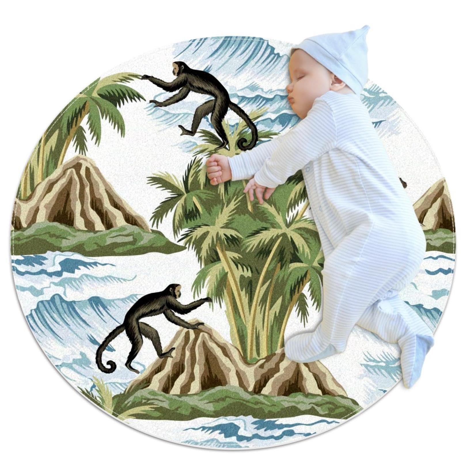 Tapis de salle de bain antidérapant rond 1m avec motif singes et palmiers pour chambre d'enfant