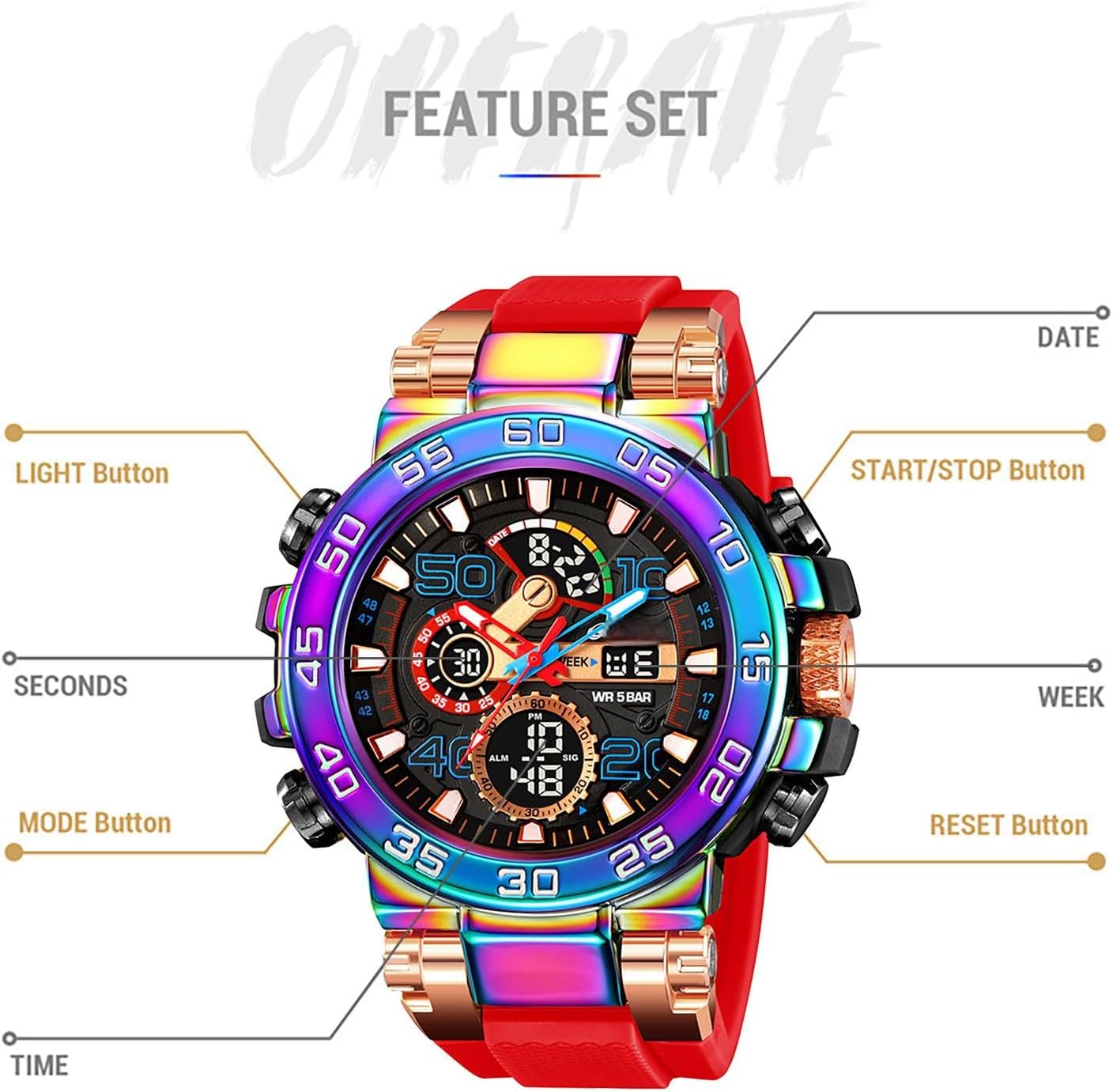 findtime Mens Watches Sports Outdoor Orange Watch for Men Color Designer Large Face Military Men's Wristwatches with Date Week Alarm LED Waterproof Stopwatch
