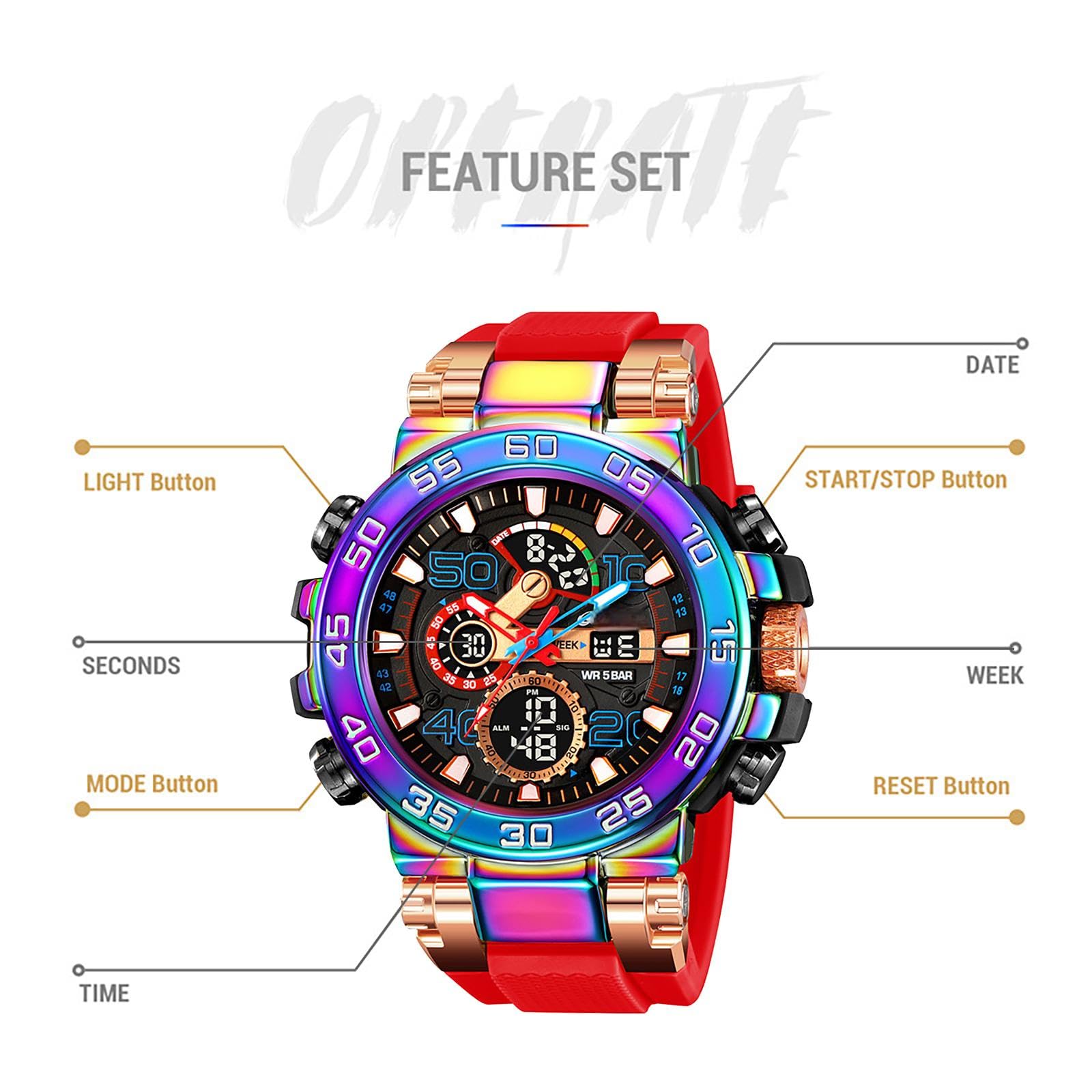 findtime Relojes deportivos para hombre, color naranja, para hombre, diseño de color, esfera grande, militar, con alarma de fecha, semana, LED, cronómetro, resistente al agua