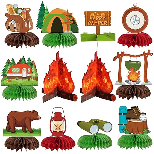 kockuu Camping Party Decoration, 12 Pcs Happy Camper Honeycomb Centerpieces