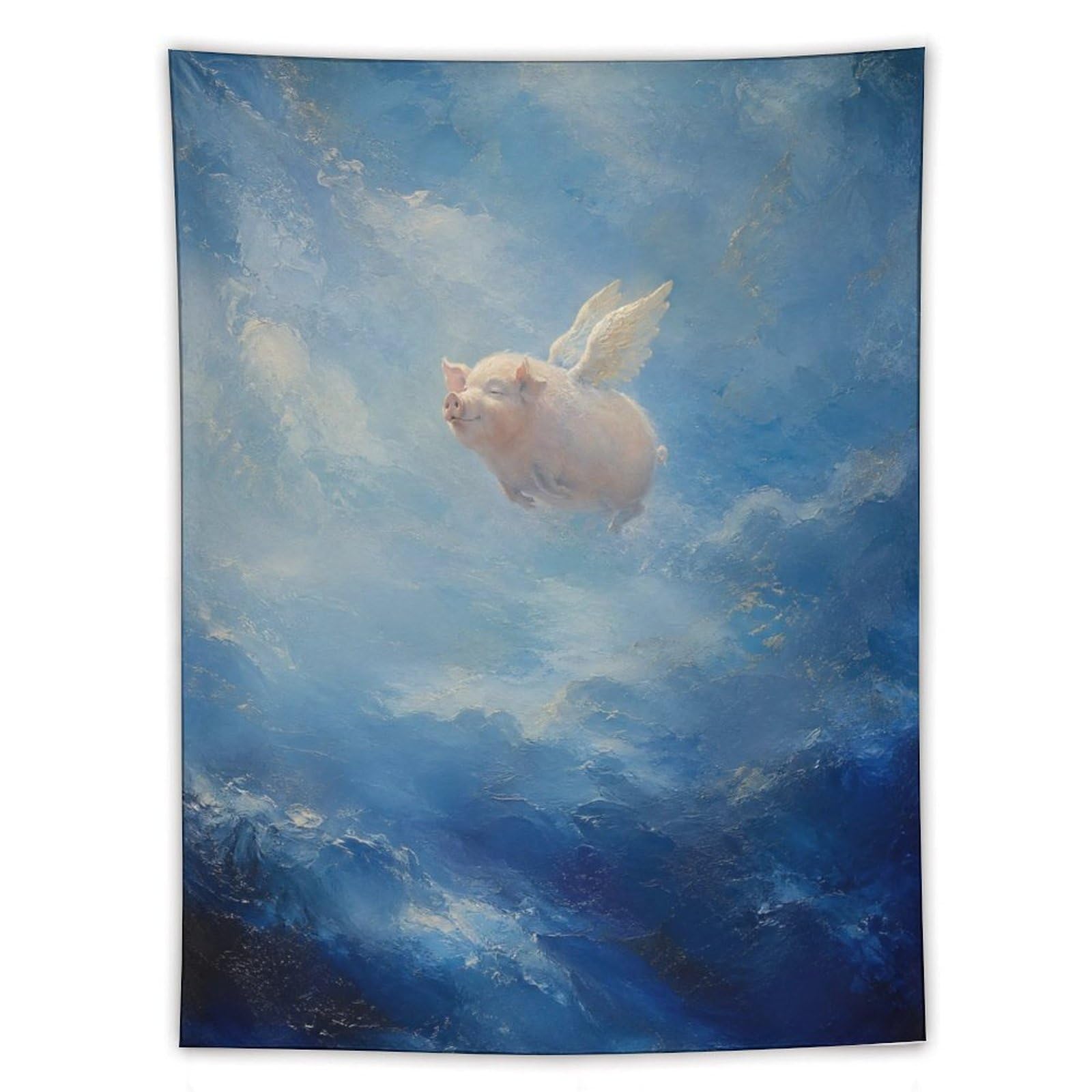 H3B8U2Y5 Flying Pig Ocean Sky Wall Tapestry, Naive Art Style, Bedroom