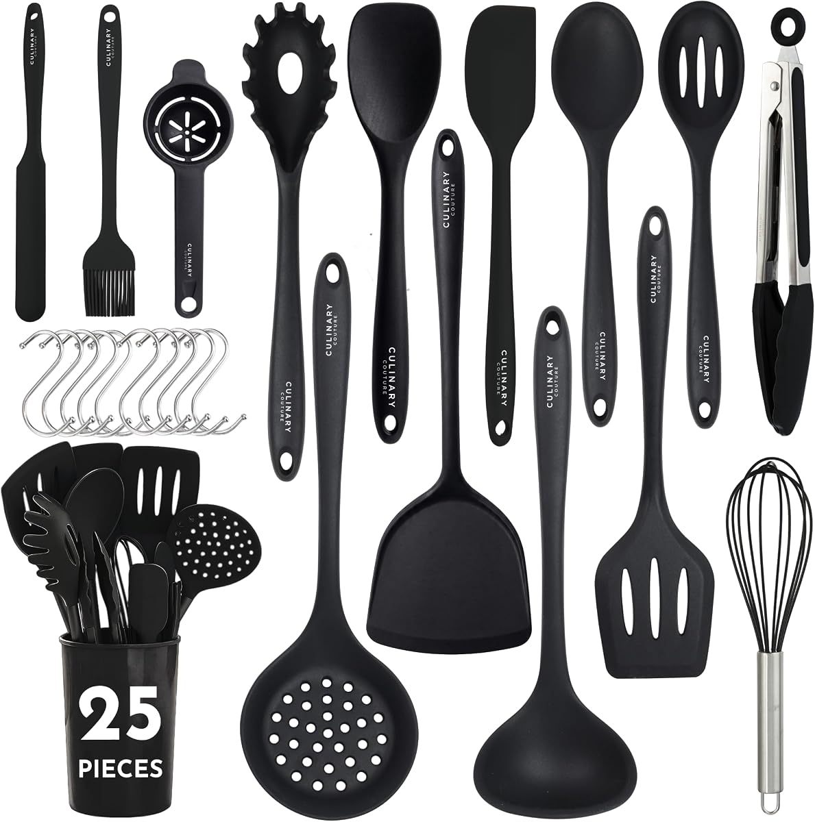 Juego de utensilios de cocina de silicona de 25 piezas - Utensilios de cocina de silicona antiadherentes | Juego de utensilios de cocina de silicona antiadherentes y resistentes al calor negros con núcleo interno de acero inoxidable