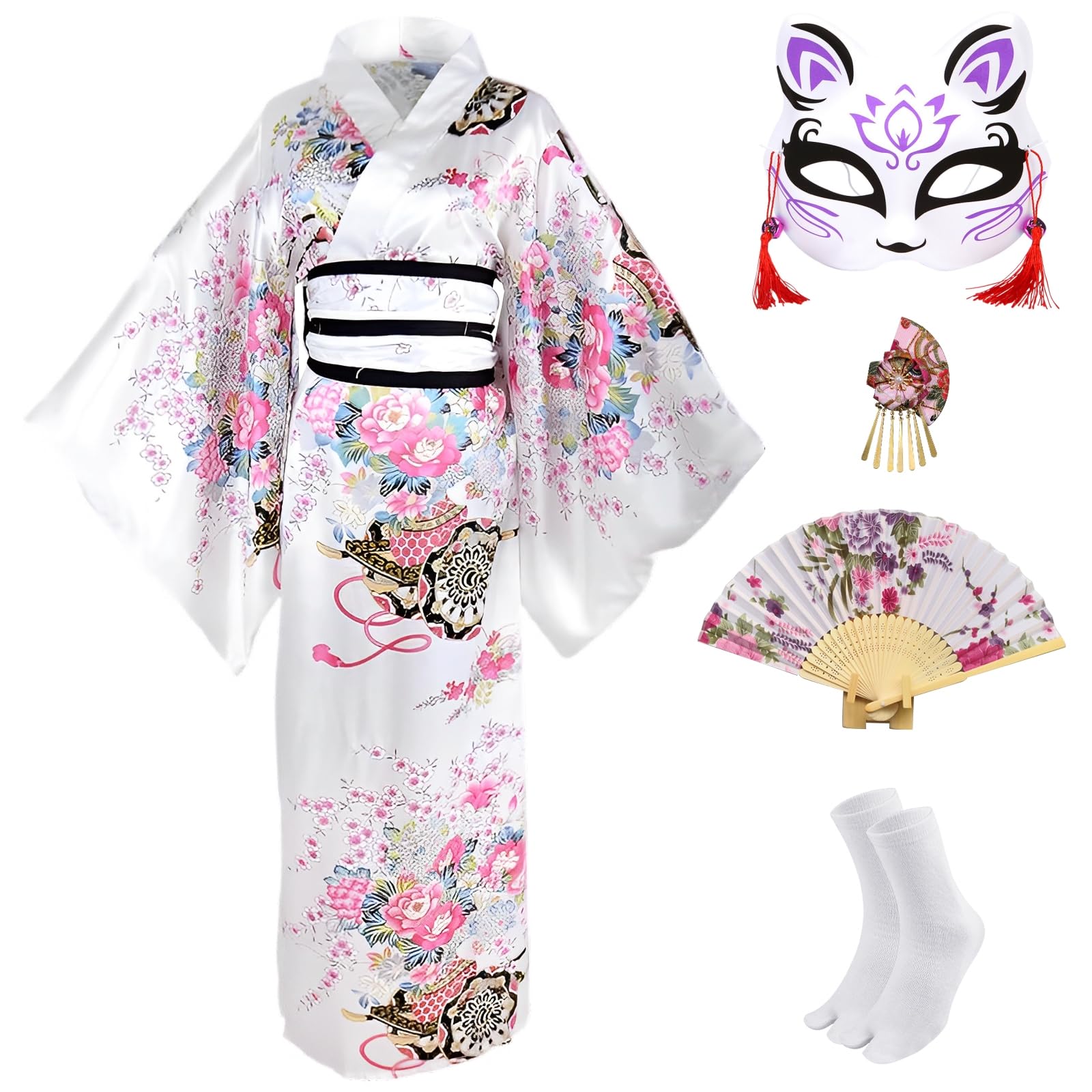CRFASIBE 5-teiliges Damen Japanisches Kimono, Pfaumuster Yukata Kostüm Set | Kimono-Komplettset mit Accessoires und Geschenkbox, One Size, EU 36-46, geeignet für Karneval, Cosplay, Anime-Con, Fasching