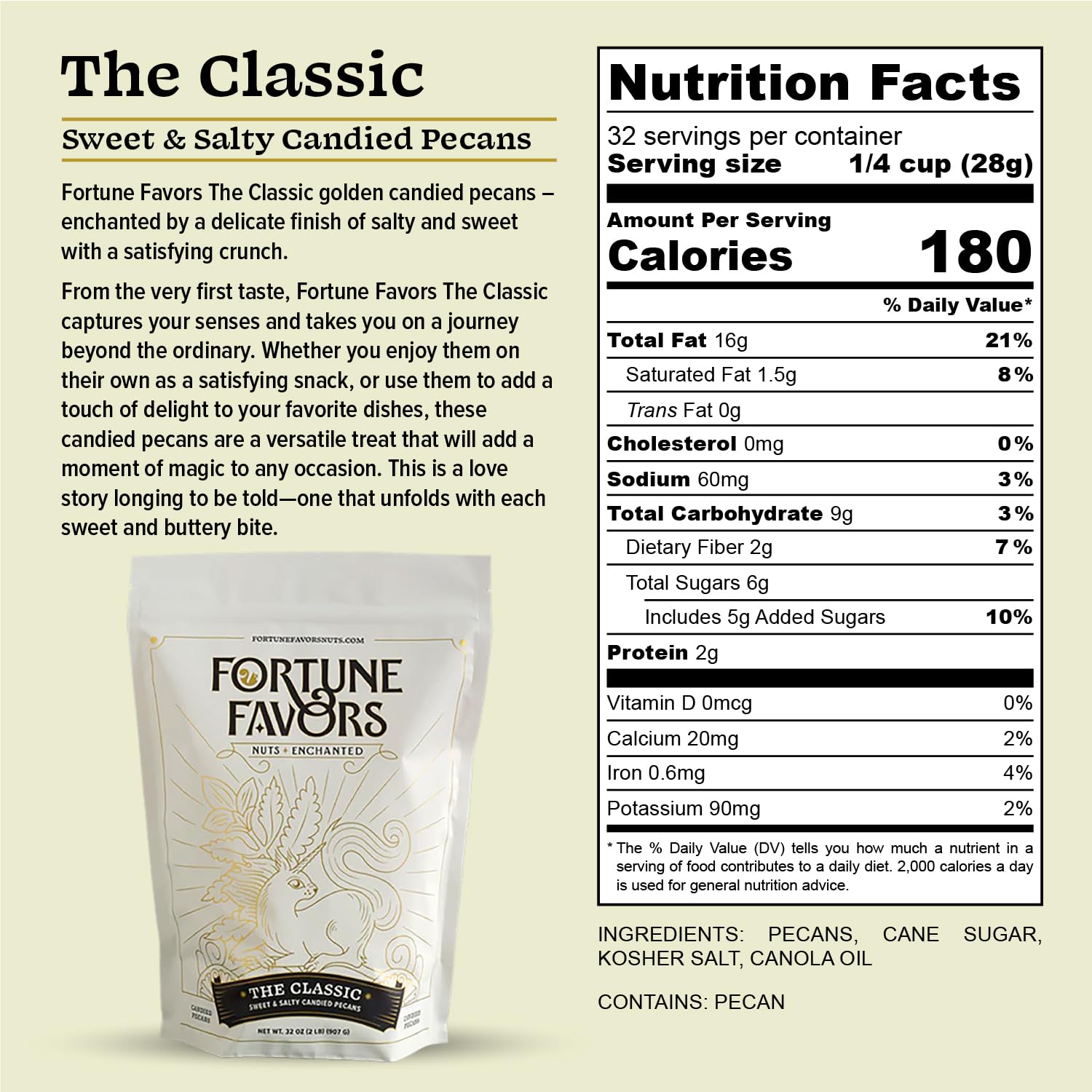 Fortune Favors Candied Pecans, Sweet and Salty Snack, Hand Crafted in Small Batches, USA-Grown (32oz, Classic)