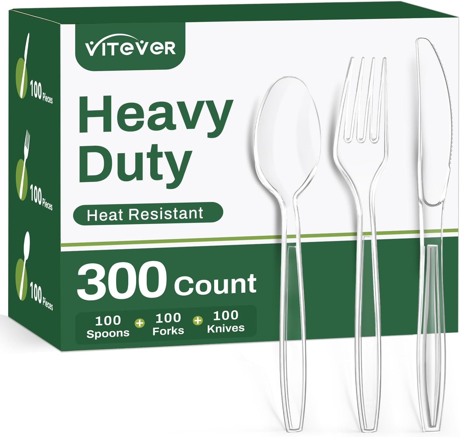 300 Count Heavy Duty Clear Plastic Silverware, Disposable Plastic Utensils Set, 100 Forks, 100 Spoons, 100 Knives, BPA-Free Heat Resistant Durable Plastic Cutlery Set for Party