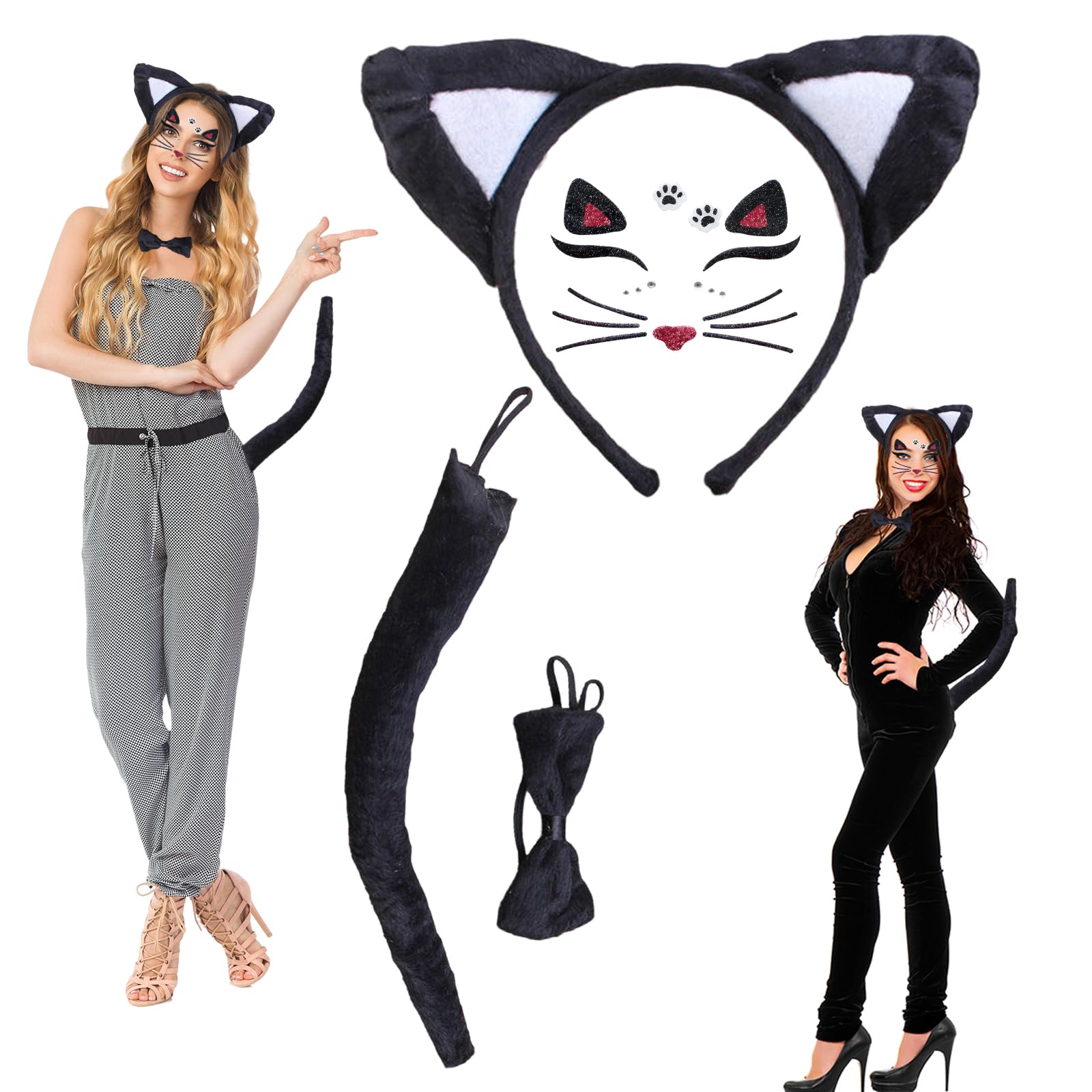 MUNSKT Animal Costume Set,Cat Ears and Tail,with Face Gems Glitter,Cat Ears Headband,for Fancy Dress Up Cosplay Halloween Carnival - Image 4