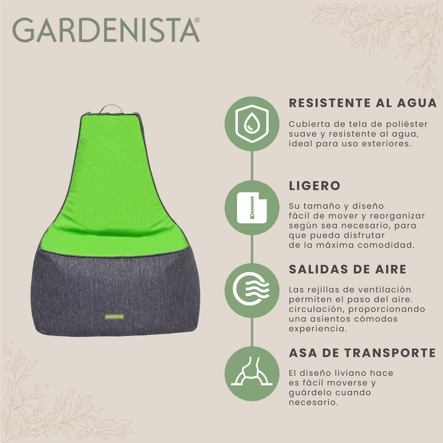 Gardenista Puff Gigante con Respaldo Alto para Adultos, 90x65x90 Puff Sillon, Resistente al Agua Bean Bag Chair, Comodo Puff Gamer, Sofa Puff con Relleno Incluido (Verde)