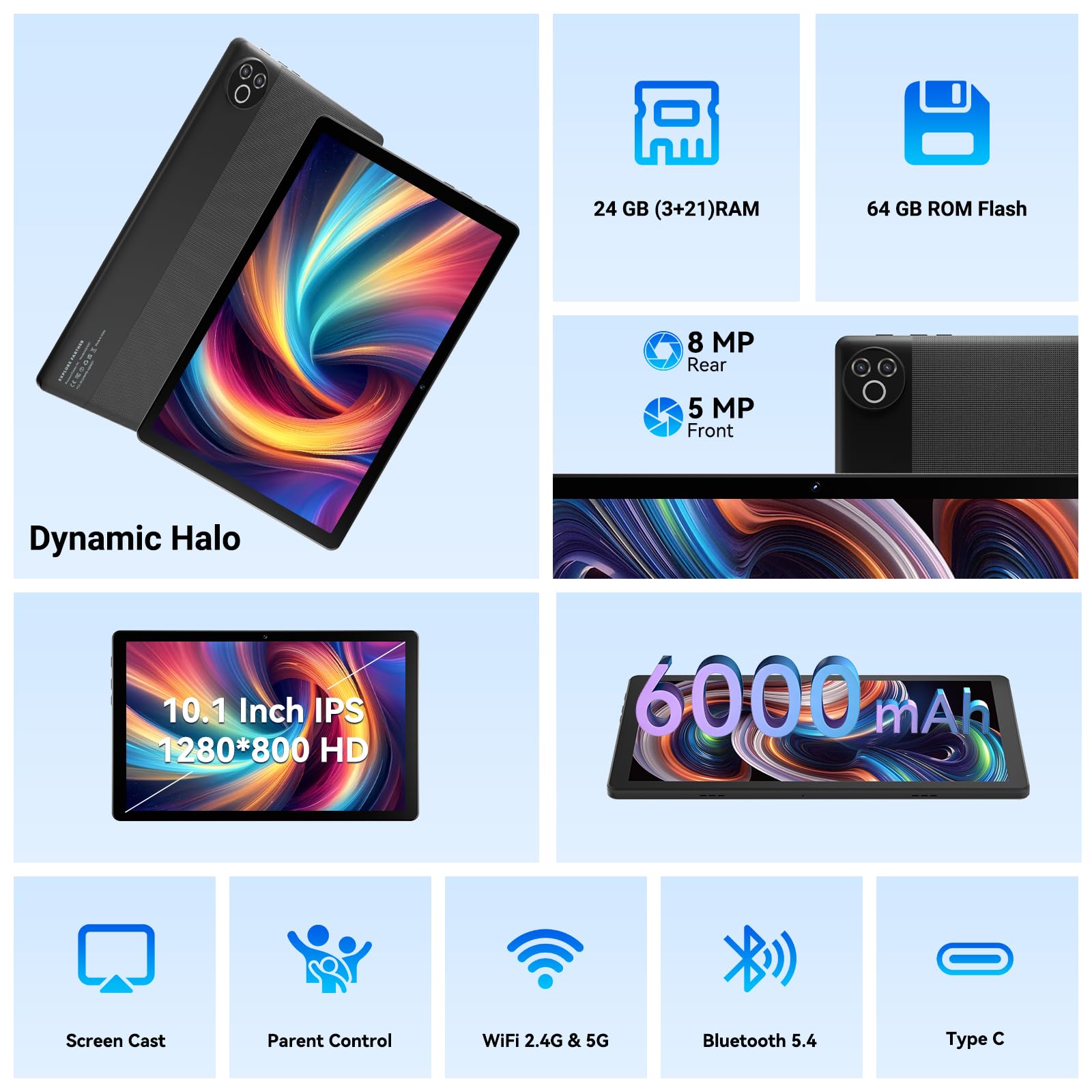 Tablet 10 Zoll, Android 16 Tablet mit 24GB RAM (4+20), 64GB ROM + 1TB TF, 800×1280 IPS Display, Octa-Core Prozessor, Dual Kamera, 6000mAh Akku, WiFi 6, Bluetooth 5.4, Schwarz