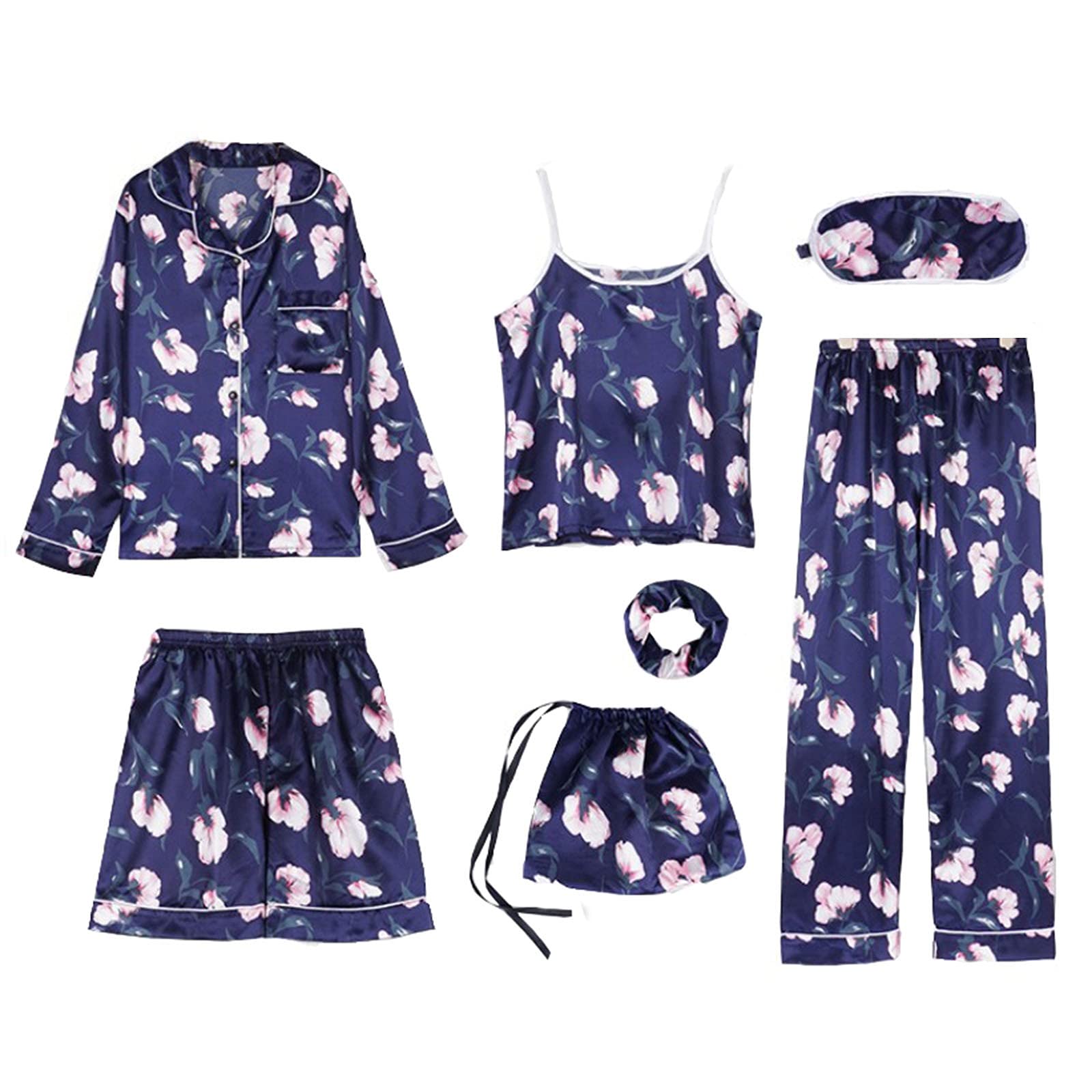 Sheey Juego de 7 Piezas Conjunto de Pijama Fino para Mujer, Ropa de Dormir Cómoda y Suave para Primavera Verano Otoño Invierno Fiesta, Inicio
