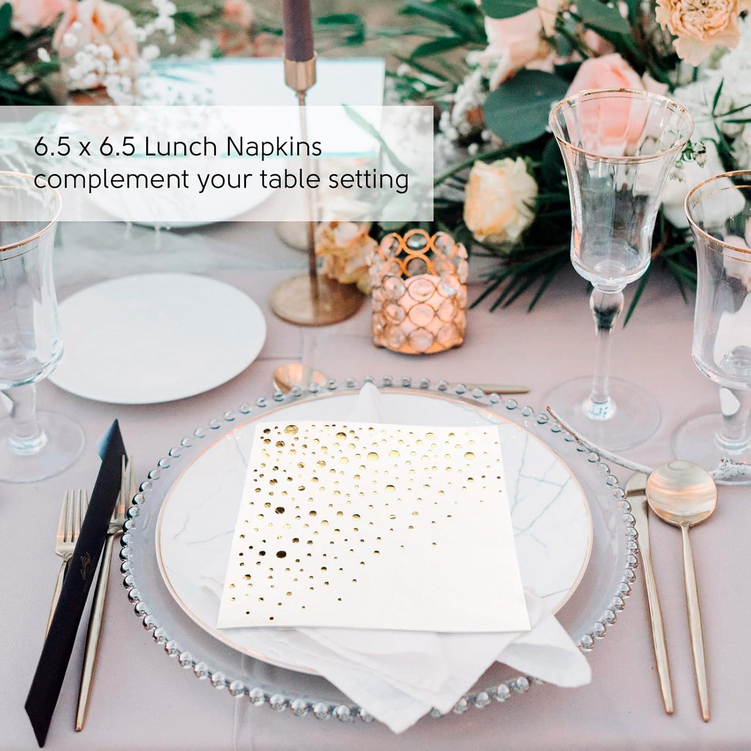 Gold Napkins Party Bundle 300 Napkins - 200Gold Cocktail and 100 Lunch Napkins - Stylish 5 x 5 Inch and 6.5 x 6.5 Inch Gold Napkins