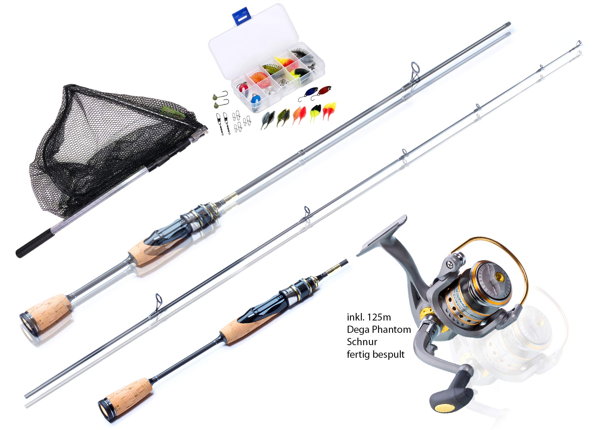 Profi Angelcombo Forellen Angelset komplett sofort angelbereit ! 180cm UL-Carbonrute CapitalFishMaster + bespulte Rolle + Köderset + Kescher. Spinnrute