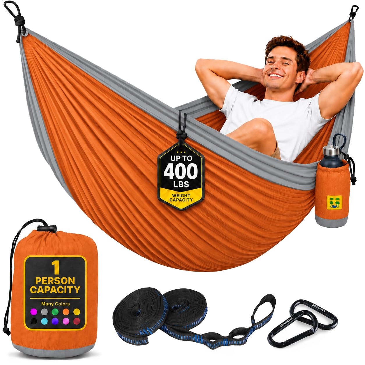 Durable Hammock 400 lb Capacity, Nylon Camping Hammock Chair - Double or Single Sizes w/Tree Straps and Attached Carry Bag - for Travel/Backpacking/Beach/Backyard (Medium, Orange &amp; Light Grey)