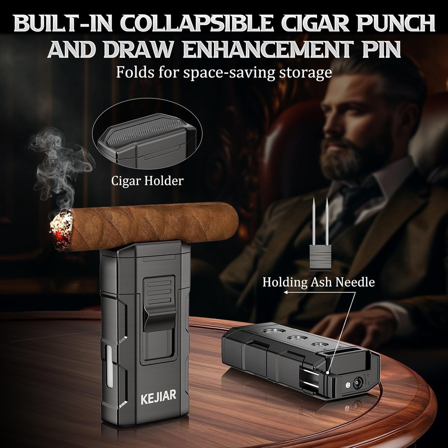 KEJIAR Cigar Lighter, Windproof Dual Jet Flame, Refillable Butane Torch Lighter with 3-Size Cigar Punch Cutter, Nubber & Stand, Ideal Gift for Men (Grey)
