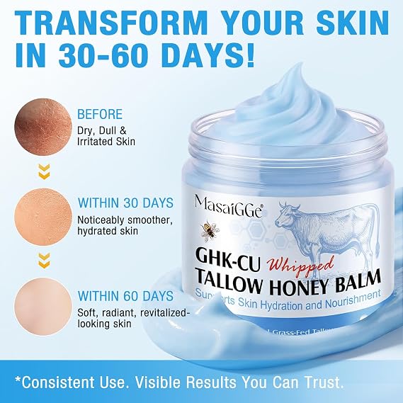 GHK-Cu Copper Peptide Tallow and Honey Balm, GHK-Cu Face Cream,Infused with Whipped Grass-Fed Tallow, Honey & Vitamin E, Face & Body Moisturizer for Dry, Sensitive, Aging Skin