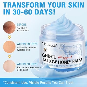 GHK-Cu Copper Peptide Tallow and Honey Balm, GHK-Cu Face Cream,Infused with Whipped Grass-Fed Tallow, Honey & Vitamin E, Face & Body Moisturizer for Dry, Sensitive, Aging Skin