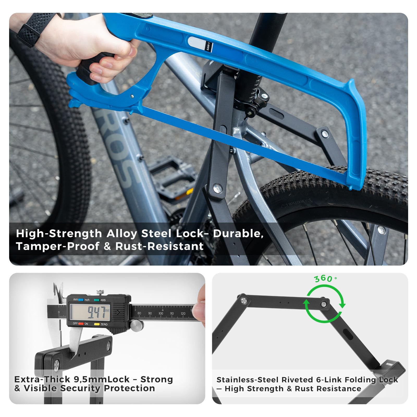 ROCKBROS Lucchetto Pieghevole per Bici, Lucchetto Bici Antifurto e Portatile Lungo 104 cm con Supporto e 3 Chiavi, Altamente Sicuro e Durevole per Bicicletta, Moto, E-bike, Porta