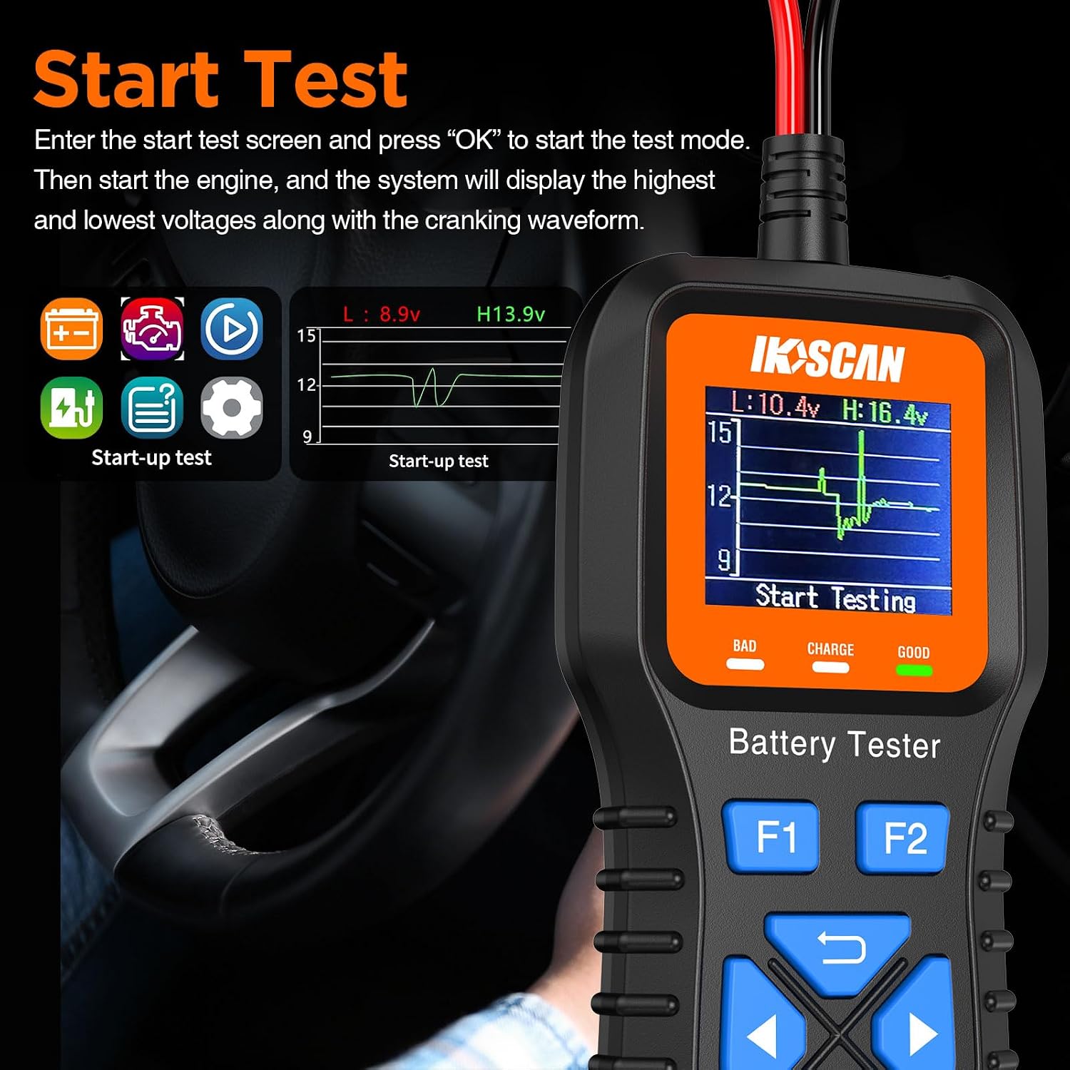 IKOSCAN K1S Automotive Battery Tester 12V 24V Battery Tester for Cars Trucks RVs Motorcycle ATV SUV Boats Yacht 100-2000 CCA Cranking Charging System Analyzer with 1.77 Color LCD