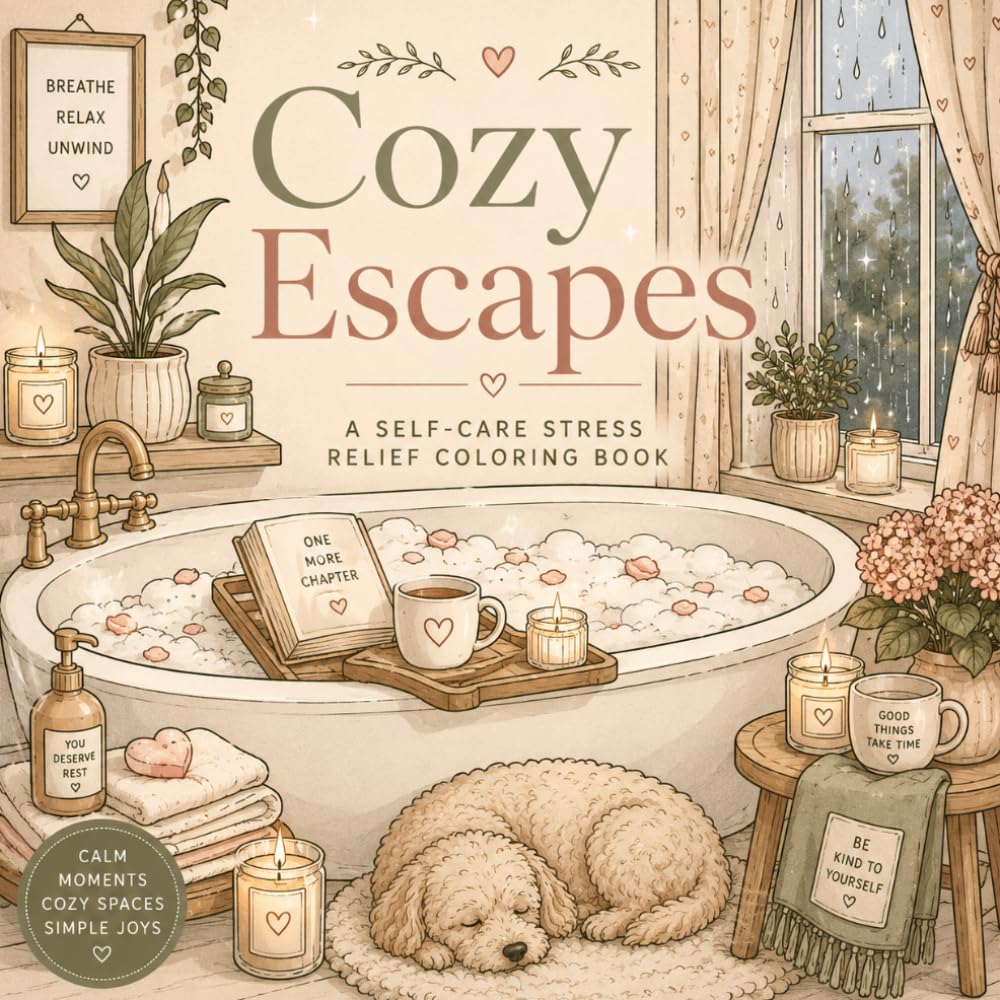 Cozy Escapes: A Cozy Stress Relief Coloring Book for Adults Featuring Self-Care, Relaxing Spaces, Mindfulness & Cozy Moments