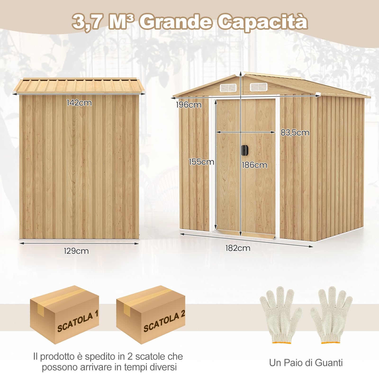 COSTWAY Casetta da Esterno 2,34㎡ Capanno Porta Attrezzi Lamiera Acciaio Zincata 196 x 142 x 186 cm