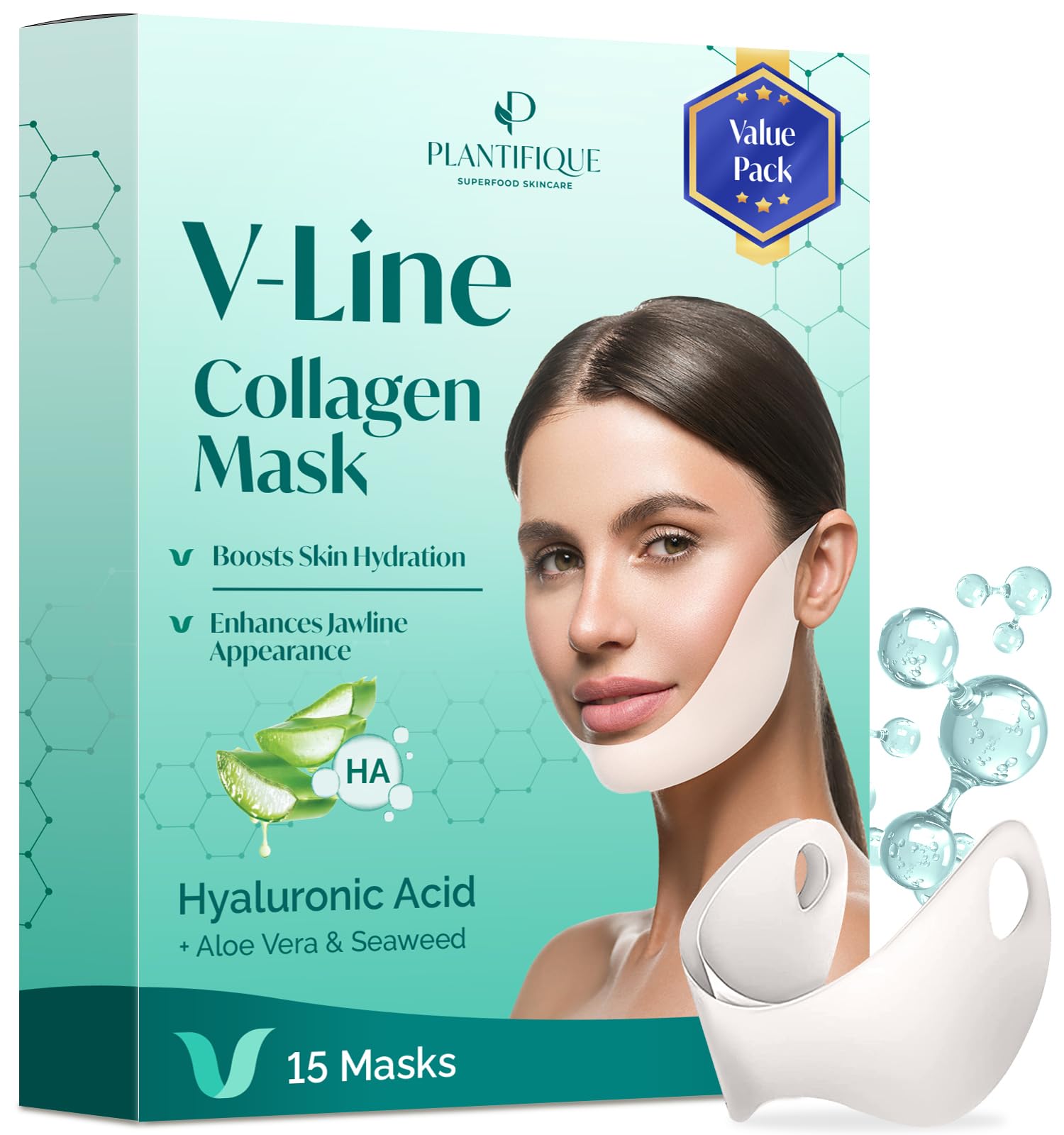 Plantifique Collagen Face Mask V-Line 15 Pcs for Skin Firming & Tightening, Double Chin & Jawline Lifting