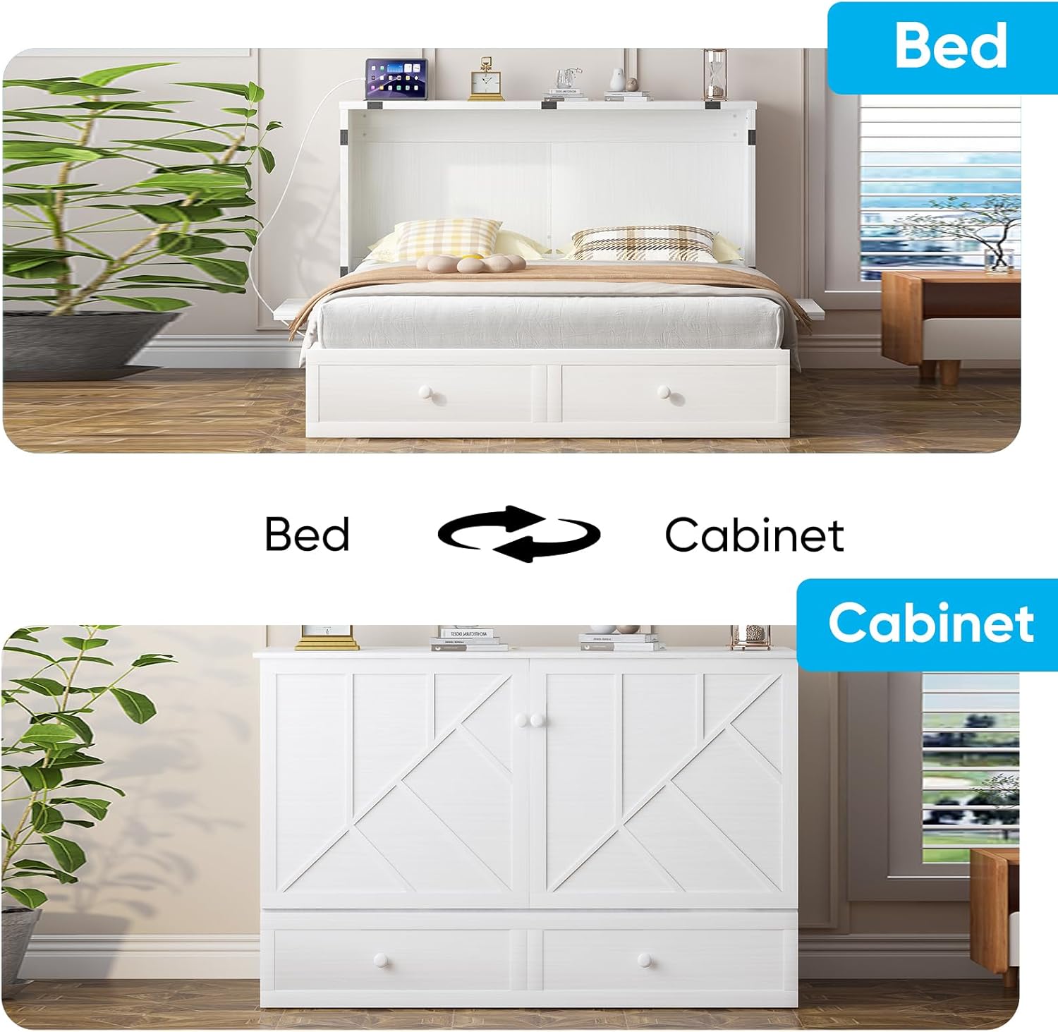 Mjkone Queen Murphy Bed Cabinet, Wall Murphy Bed with Tri-Fold Memory Foam Mattress, Modern Cube Cabinet Beds with USB Charging Station & 2 Large Storage Drawers for Living Room Apartments, White