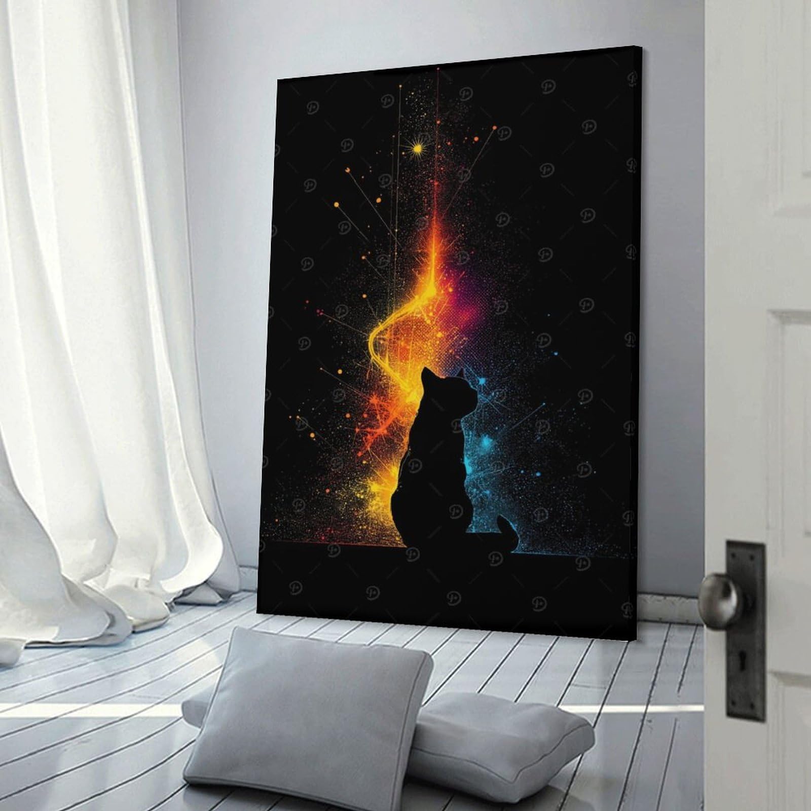 Junmoney Wall Art Print Silhouette Cat with Colorful Abstract Background, 20x30inch(50x75cm), for Living Room, Bedroom Or Home Office, Thoughtful Wall Decor for Art Lovers