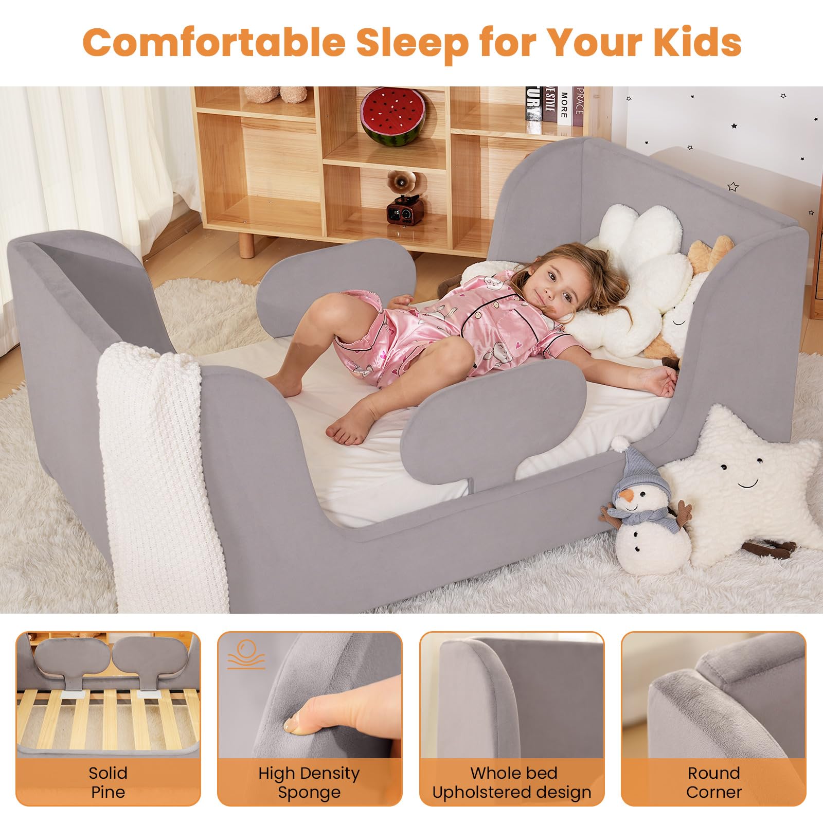 Lettino 70x140cm - Letto per bambini completamente rivestito in velluto, morbidissimo, letto a terra per ragazzi e ragazze (Grigio)