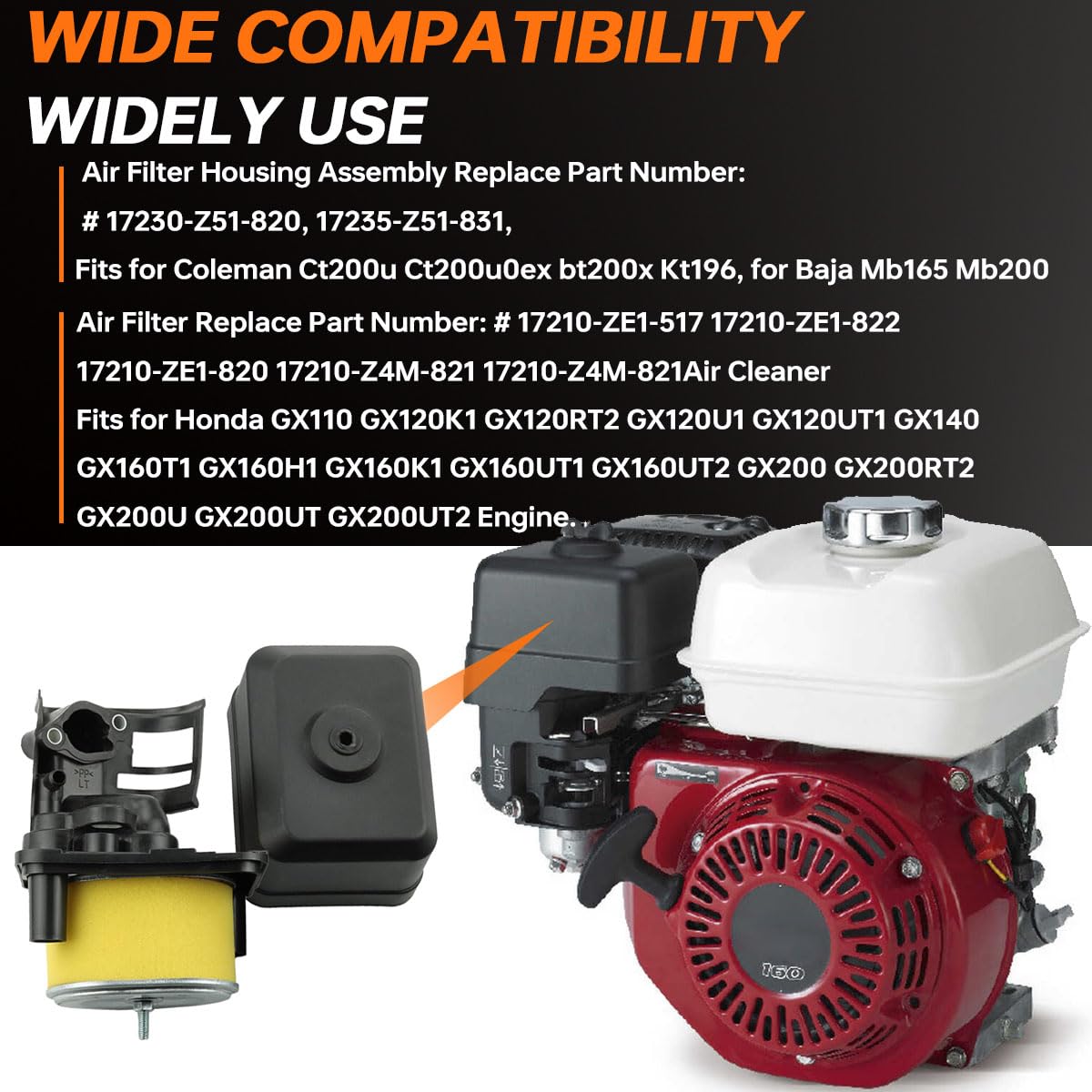 ZAMDOE GX160 osłona obudowy filtra powietrza z filtrem powietrza do silnika Honda GX120 GX140 GX160 GX200 168F do silnika Coleman CT200U-EX BT200X CT200U mini, zamiennik dla 17230-Z51-820