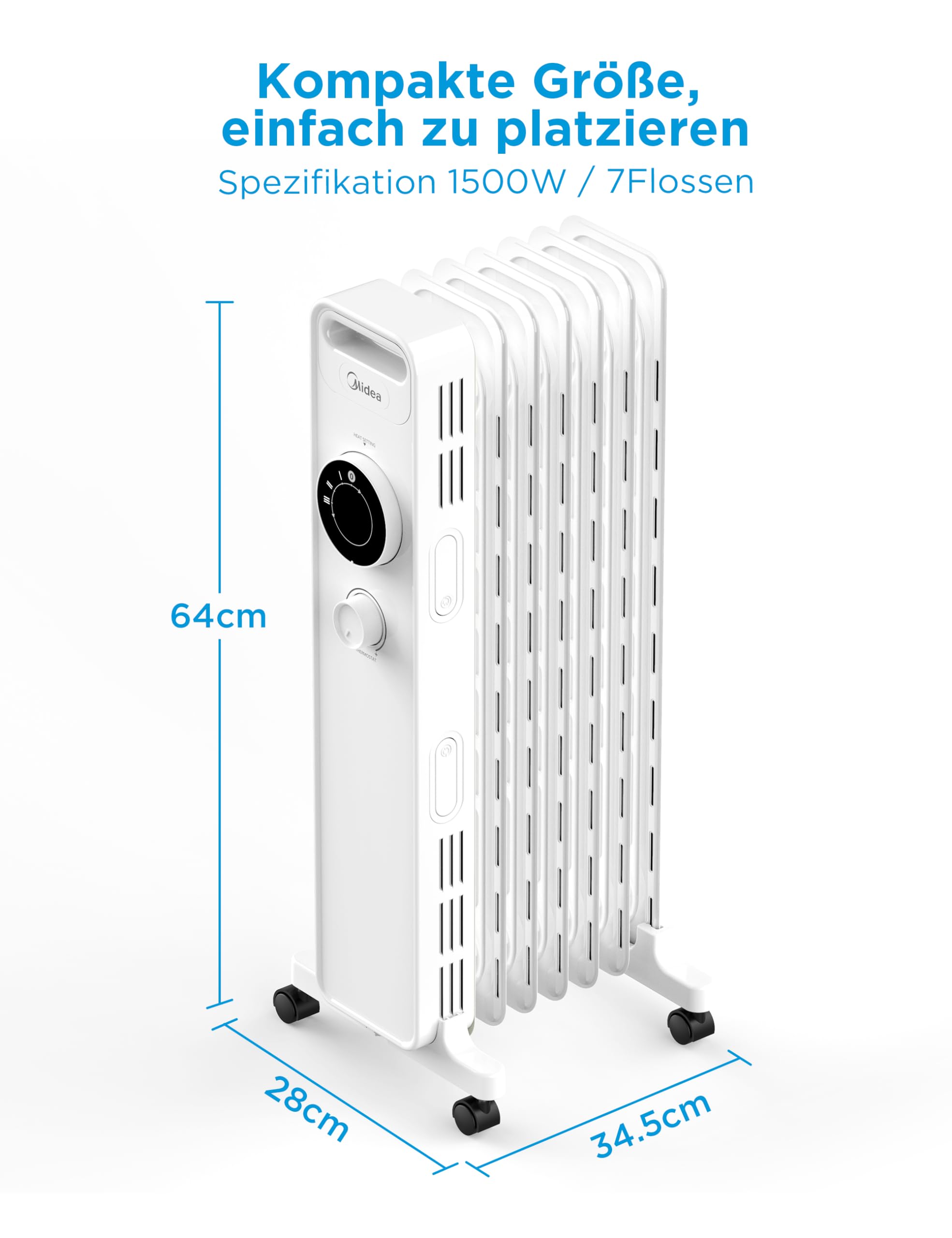 Midea NY1507-22M grzejnik olejowy, 1500 W, energooszczędny, cichy, z 7 żebrami, termostat, 3 stopnie ogrzewania, zabezpieczenie przed przewróceniem i przegrzaniem, tryb ECO, szybkie nagrzewanie i